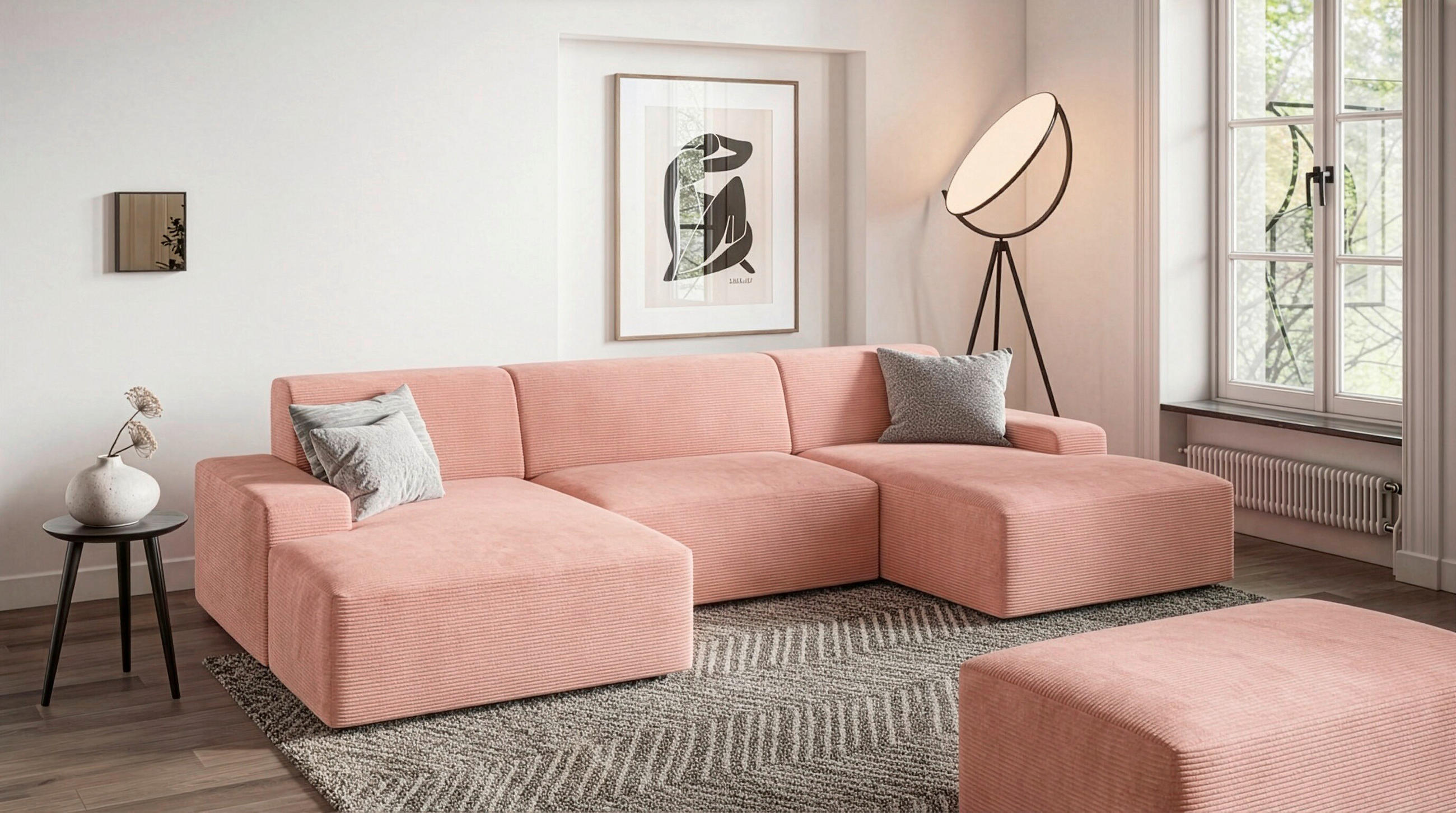 WOHNLANDSCHAFT Cord Pink  - Pink/Schwarz, Modern, Kunststoff/Textil (162/329/162cm) - Trendmanufaktur