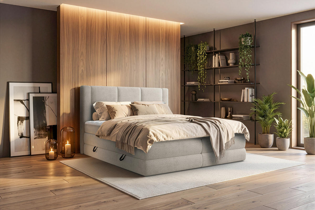 BOXSPRINGBETT 180/200 cm,  in Beige, gepolstertes Kopfteil, Bettkasten, Topper, Wendematratze mit unterschiedlichen Härtegraden, H2 + H3 = mittel + fest  - Beige/Schwarz, Design, Kunststoff/Textil (180/200cm) - Esposa
