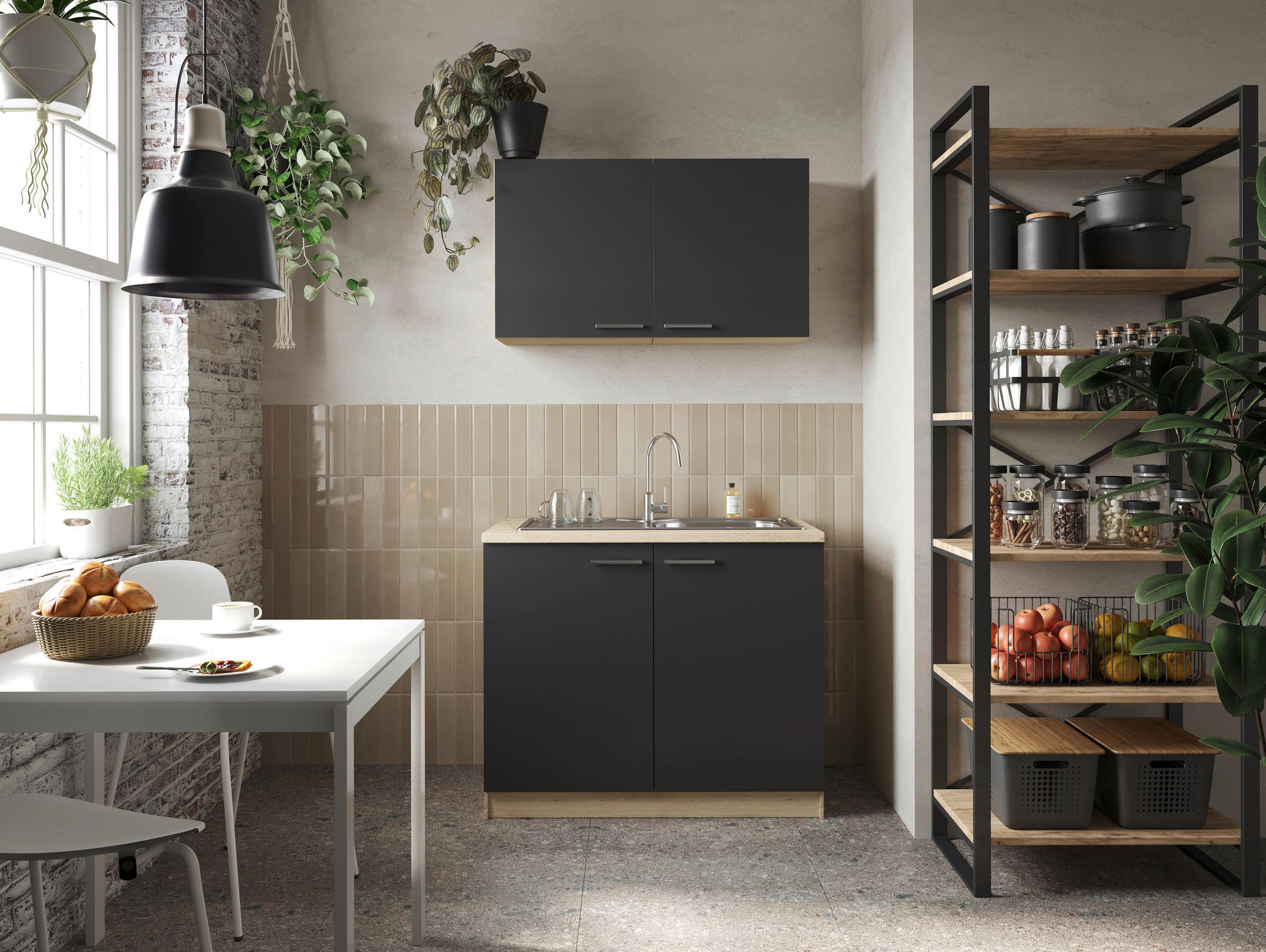 MINIKÜCHE 100 cm   in Schwarz, Eichefarben  - Eichefarben/Silberfarben, Basics, Holzwerkstoff/Metall (100cm) - Respekta