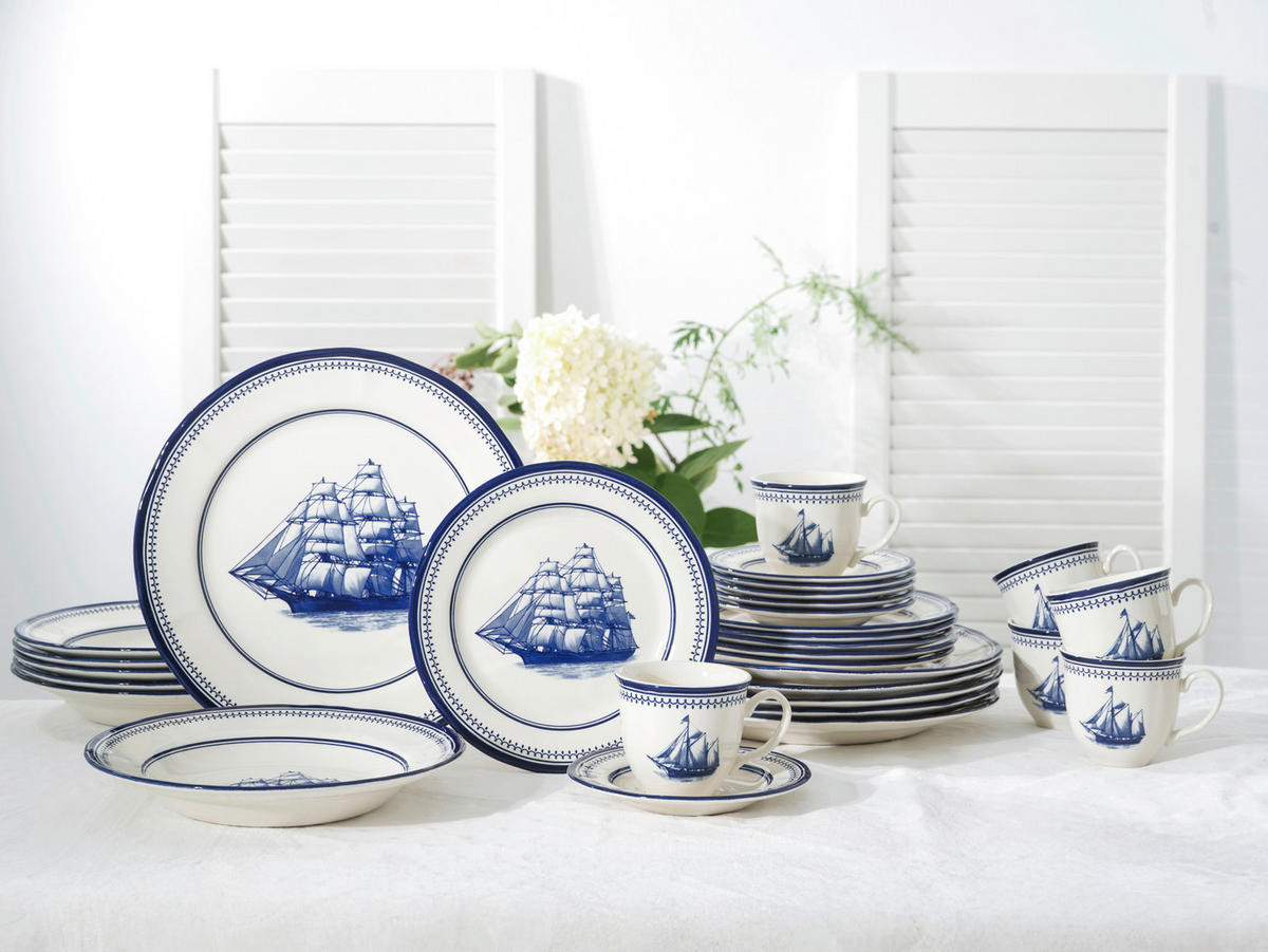 KOMBISERVICE Blau, Weiß Segelschiff blau 30-teilig 6 Personen  - Blau/Weiß, Basics, Keramik - Creatable