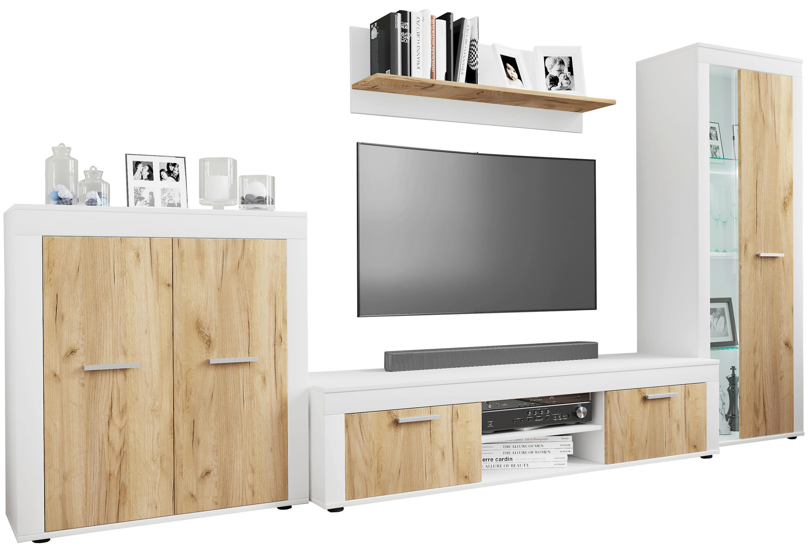 HYLLKOMBINATION 4 delar  i vit, honungsek  300/159/37 cm  - vit/honungsek, Design, metall/trämaterial (300/159/37cm) - MID.YOU