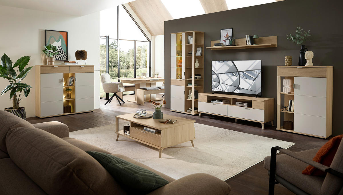 KOMODA POD TELEVIZI, barvy dubu, kašmírová, 160/56/44 cm - barvy dubu/kašmírová, Basics, kov/kompozitní dřevo (160/56/44cm) - Stylife