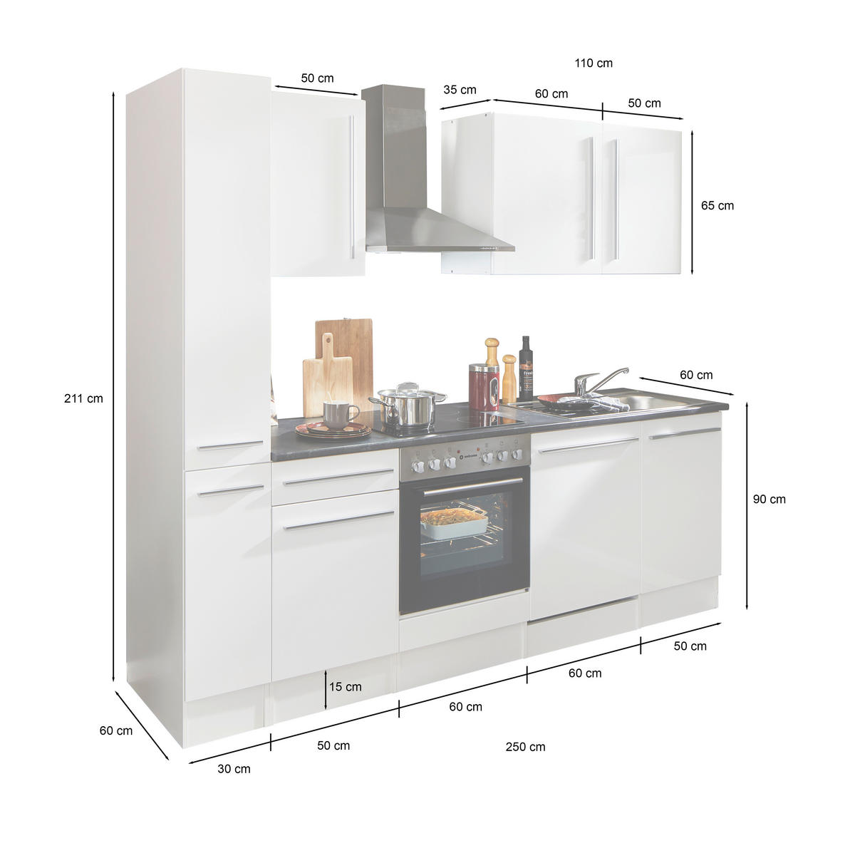 KÜCHENBLOCK 250 cm   in Weiß Hochglanz  - Weiß Hochglanz/Dunkelgrau, LIFESTYLE, Holzwerkstoff/Kunststoff (250cm) - P & B