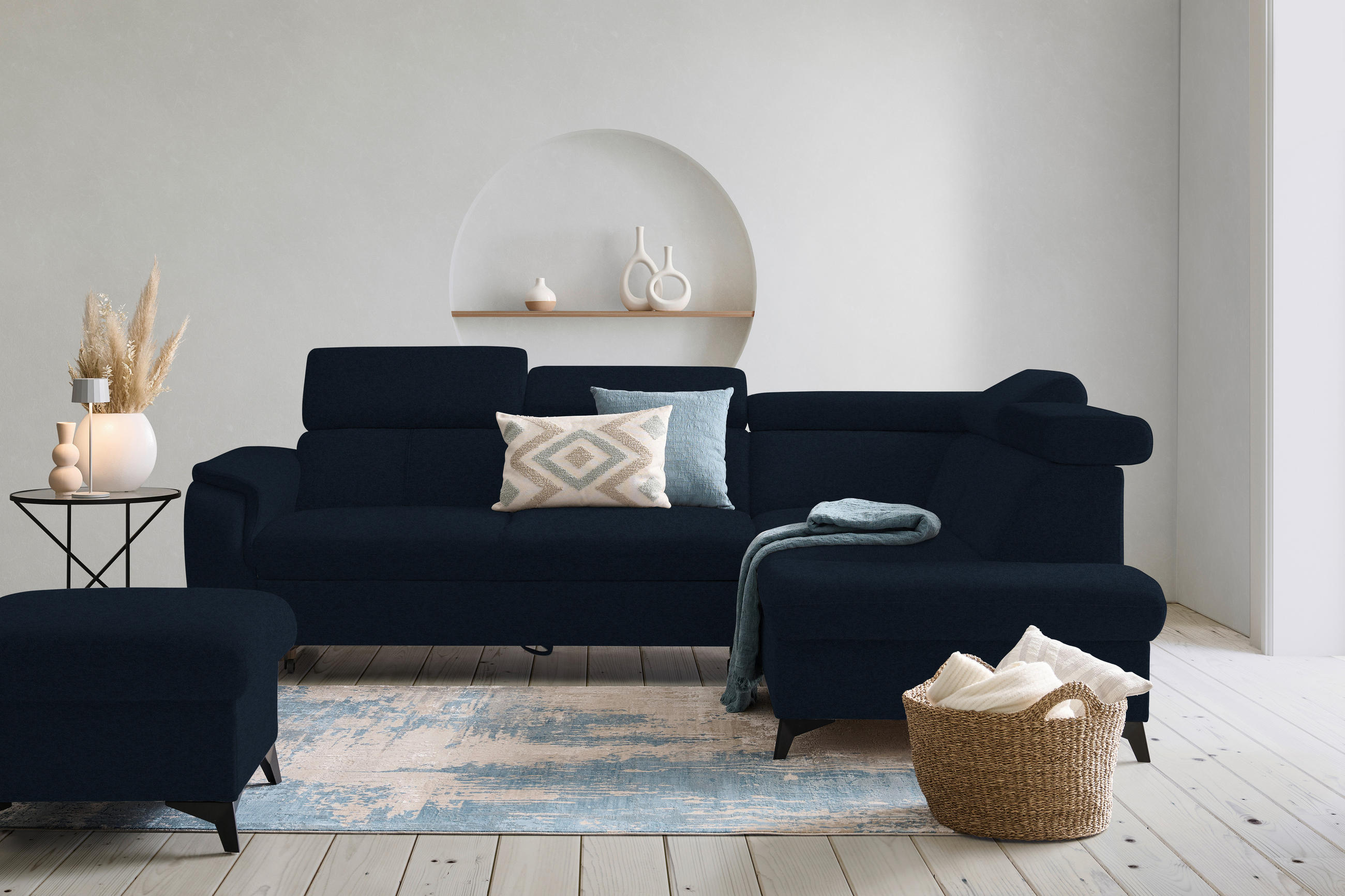 ECKSOFA in Mikrofaser Dunkelblau  - Schwarz/Dunkelblau, Design, Textil/Metall (260/203cm) - Stylife