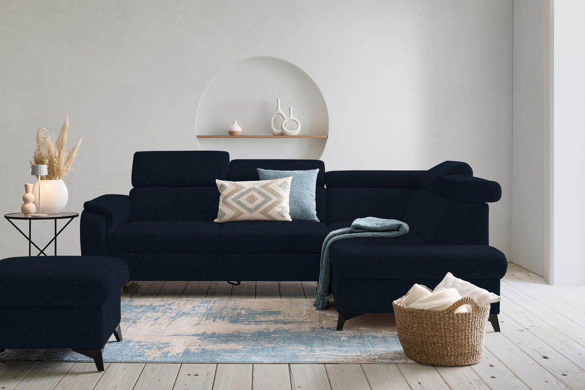 ECKSOFA in Mikrofaser Dunkelblau  - Schwarz/Dunkelblau, Design, Textil/Metall (260/203cm) - Stylife