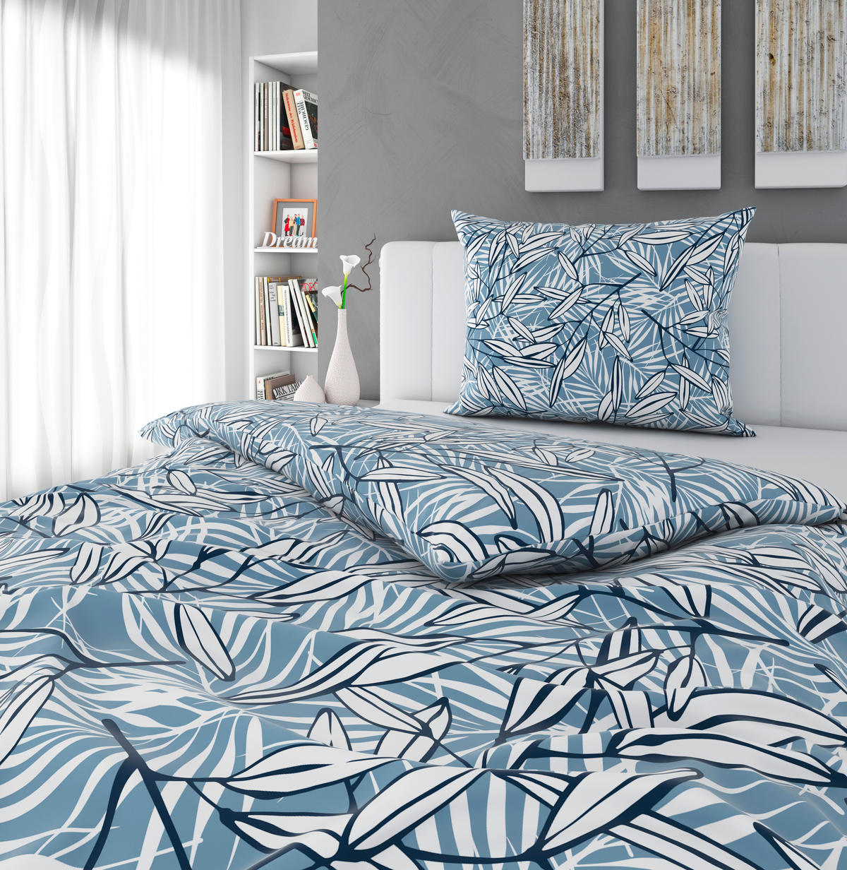 POSTELJINA JEANS PALM JUNGLE 140/200 cm saten plava, bela  - bela/plava, Osnovno, tekstil (140/200cm) - Novel