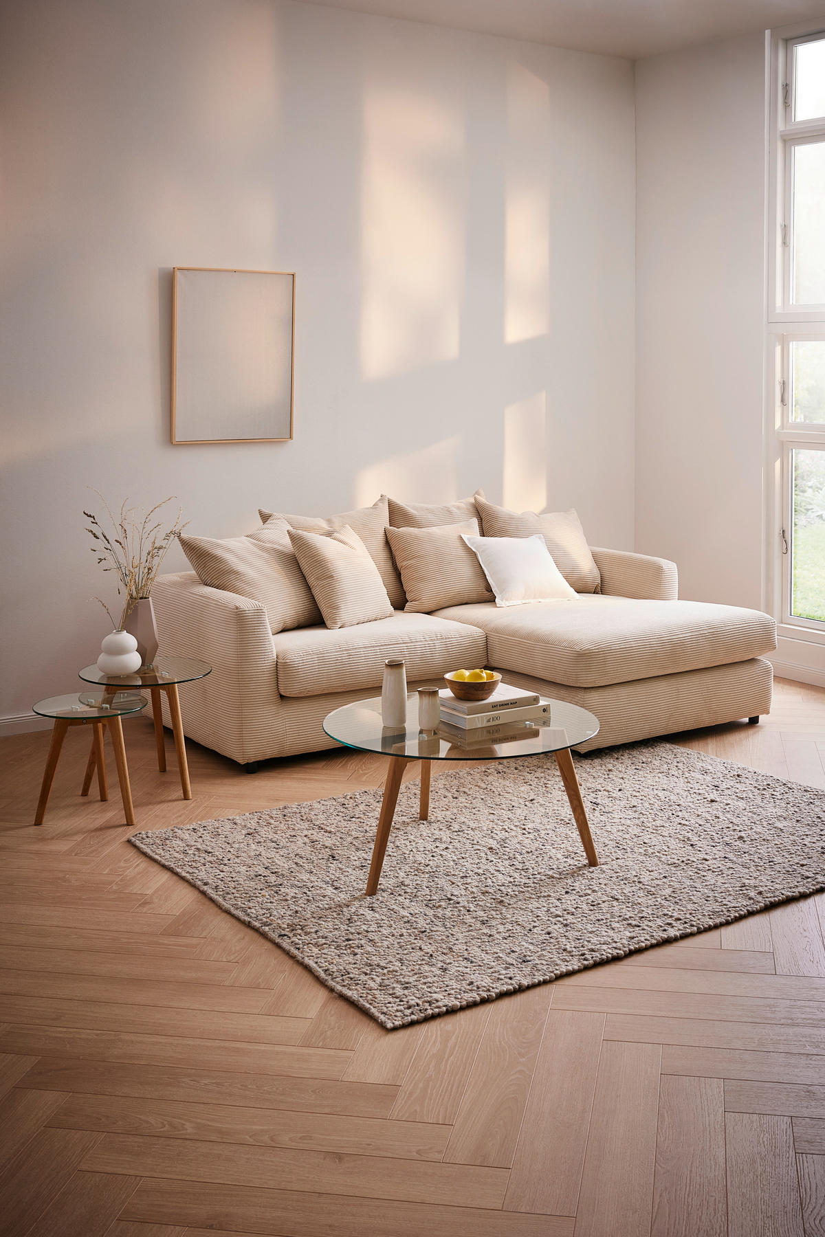 ECKSOFA Cord Naturfarben  - Schwarz/Naturfarben, Design, Kunststoff/Textil (235/175cm) - home24