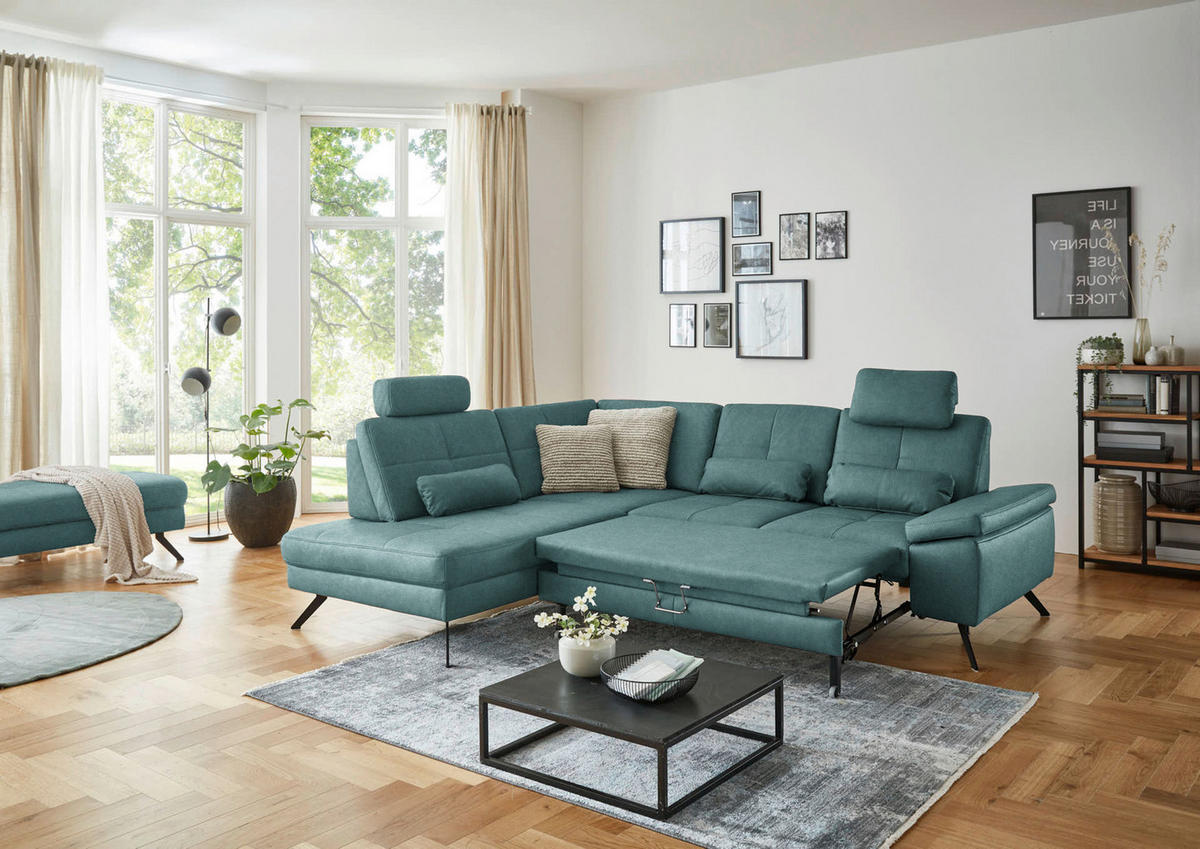 ECKSOFA in Lederlook, Mikrofaser Türkis  194/261 cm  - Türkis/Schwarz, Design, Textil/Metall (194/261cm) - Beldomo System