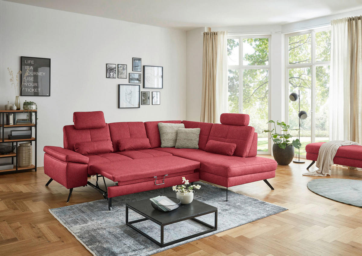 ECKSOFA in Lederlook, Mikrofaser Rot  - Rot/Schwarz, Design, Textil/Metall (261/220cm) - Beldomo System