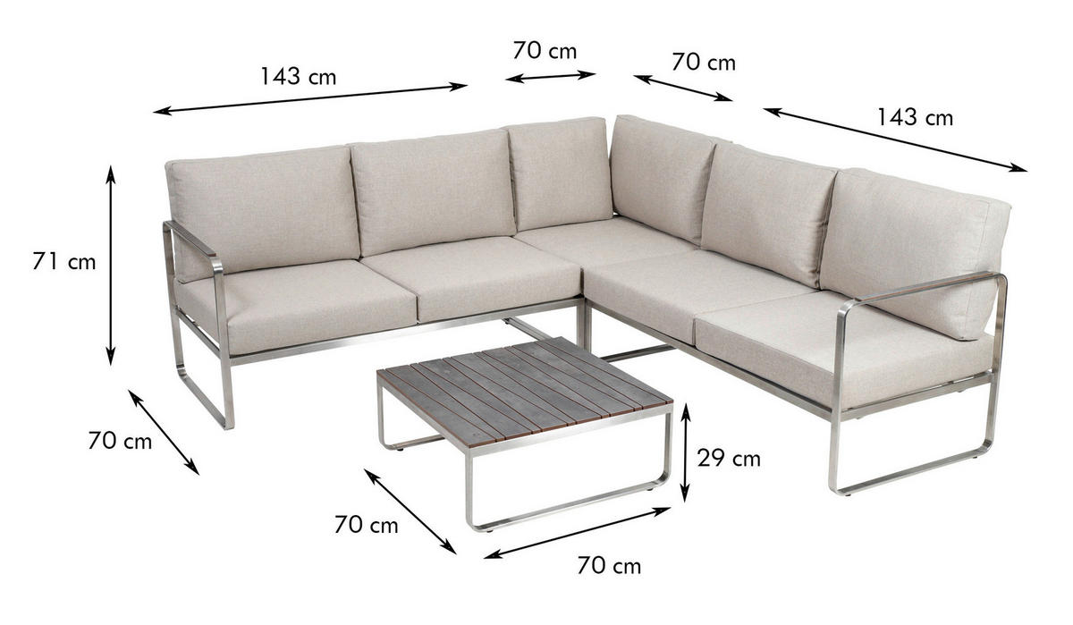 LOUNGEGARNITUR   143/71/70 cm Edelstahl  - Anthrazit/Beige, Basics, Kunststoff/Textil (143/71/70cm) - Gardenson