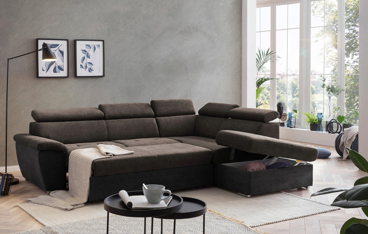 ECKSOFA in Mikrofaser Schwarz, Dunkelbraun  - Chromfarben/Dunkelbraun, Design, Textil/Metall (262/216cm) - Livetastic