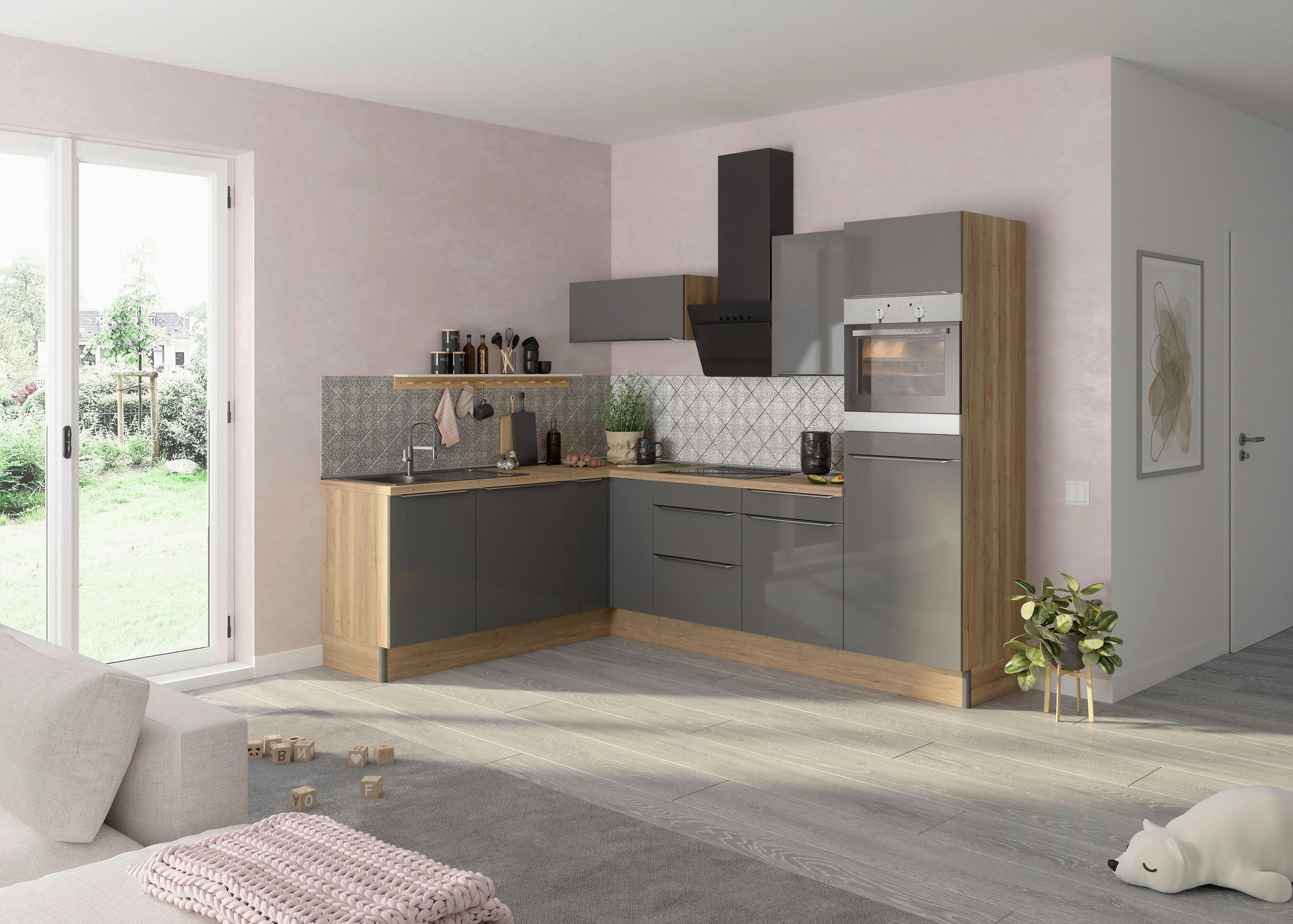 ECKKÜCHE 200/270 cm  in Anthrazit, Eichefarben  - Edelstahlfarben/Eichefarben, Basics, Holzwerkstoff/Metall (200/270cm) - Optifit