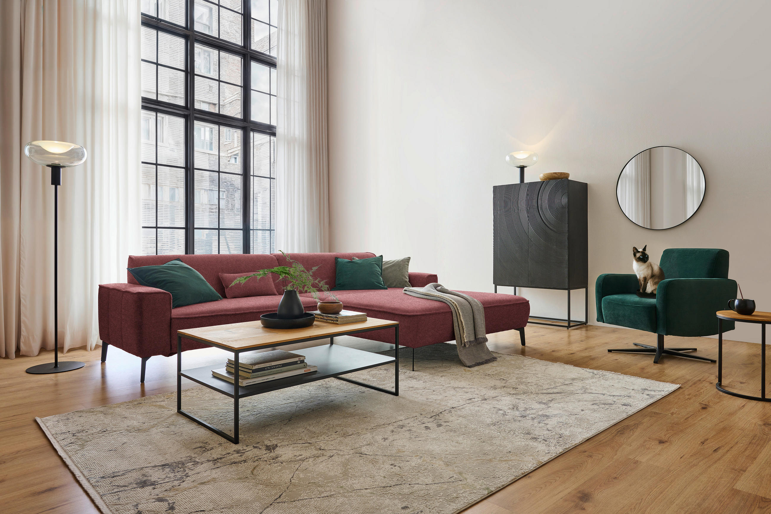 ECKSOFA in Flachgewebe Rot  - Rot/Schwarz, Design, Textil/Metall (285/190cm) - Johann Jakob
