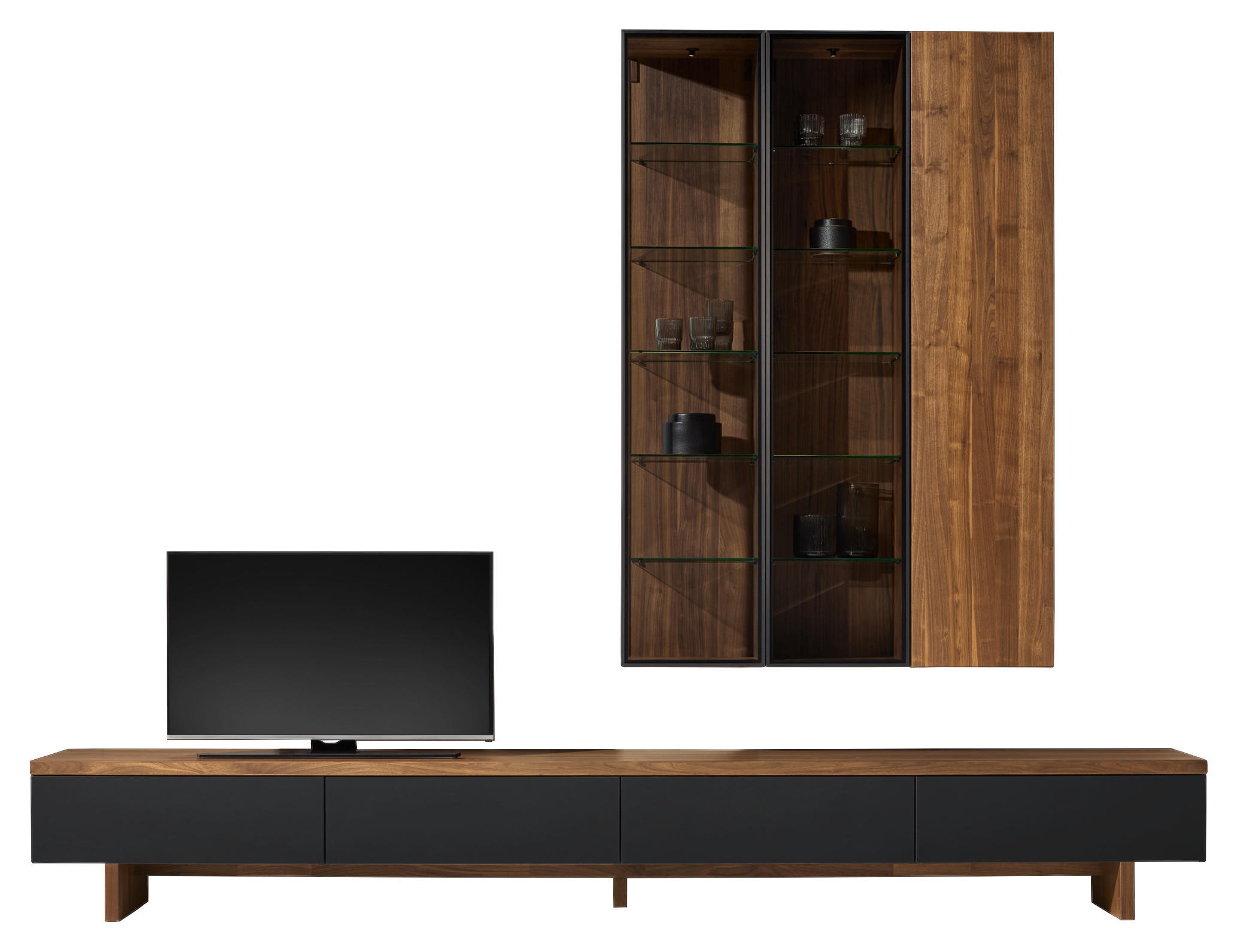 WOHNWAND  in Schwarz, Nussbaumfarben  320/240,8/48,3 cm  - Nussbaumfarben/Hellgrau, Design, Glas/Holz (320/240,8/48,3cm) - Team 7