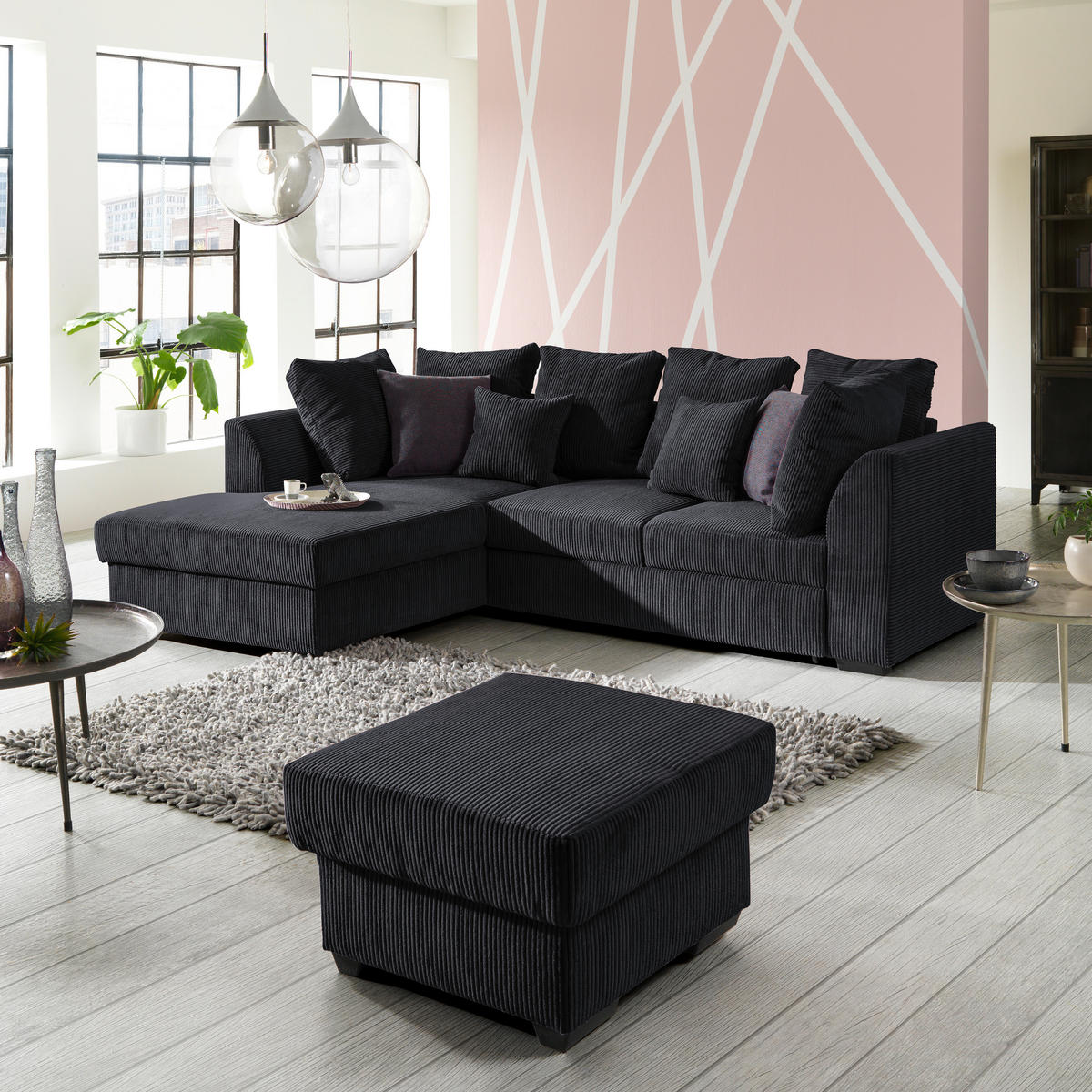 ECKSOFA in Cord Schwarz  174/259 cm  - Schwarz, Design, Kunststoff/Textil (174/259cm) - Cantus