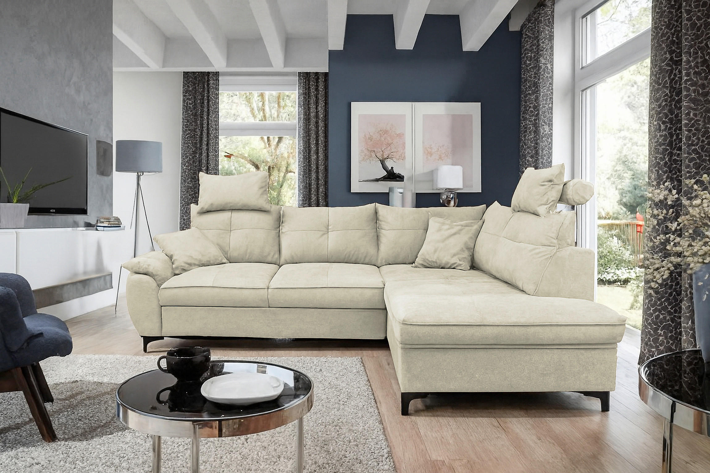 ECKSOFA SOLEI Beige Chenille Zierkissen, Bettkasten, Kopfstütze  - Beige/Schwarz, Design, Kunststoff/Textil (265/203cm) - MID.YOU