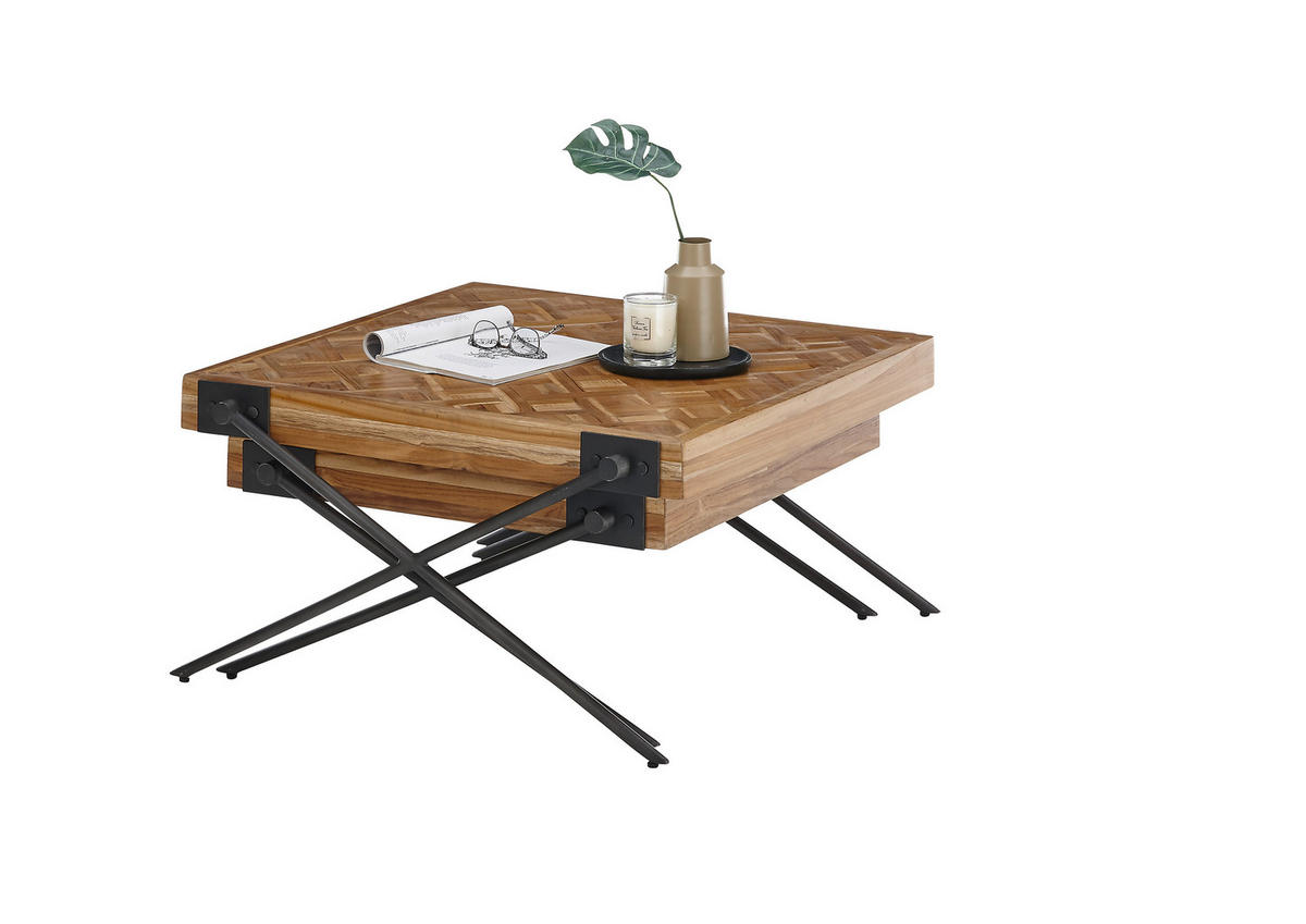 COUCHTISCHSET Teakholz massiv quadratisch Schwarz, Teakfarben  - Schwarz/Teakfarben, Design, Holz/Metall (80/43/80cm) - MID.YOU