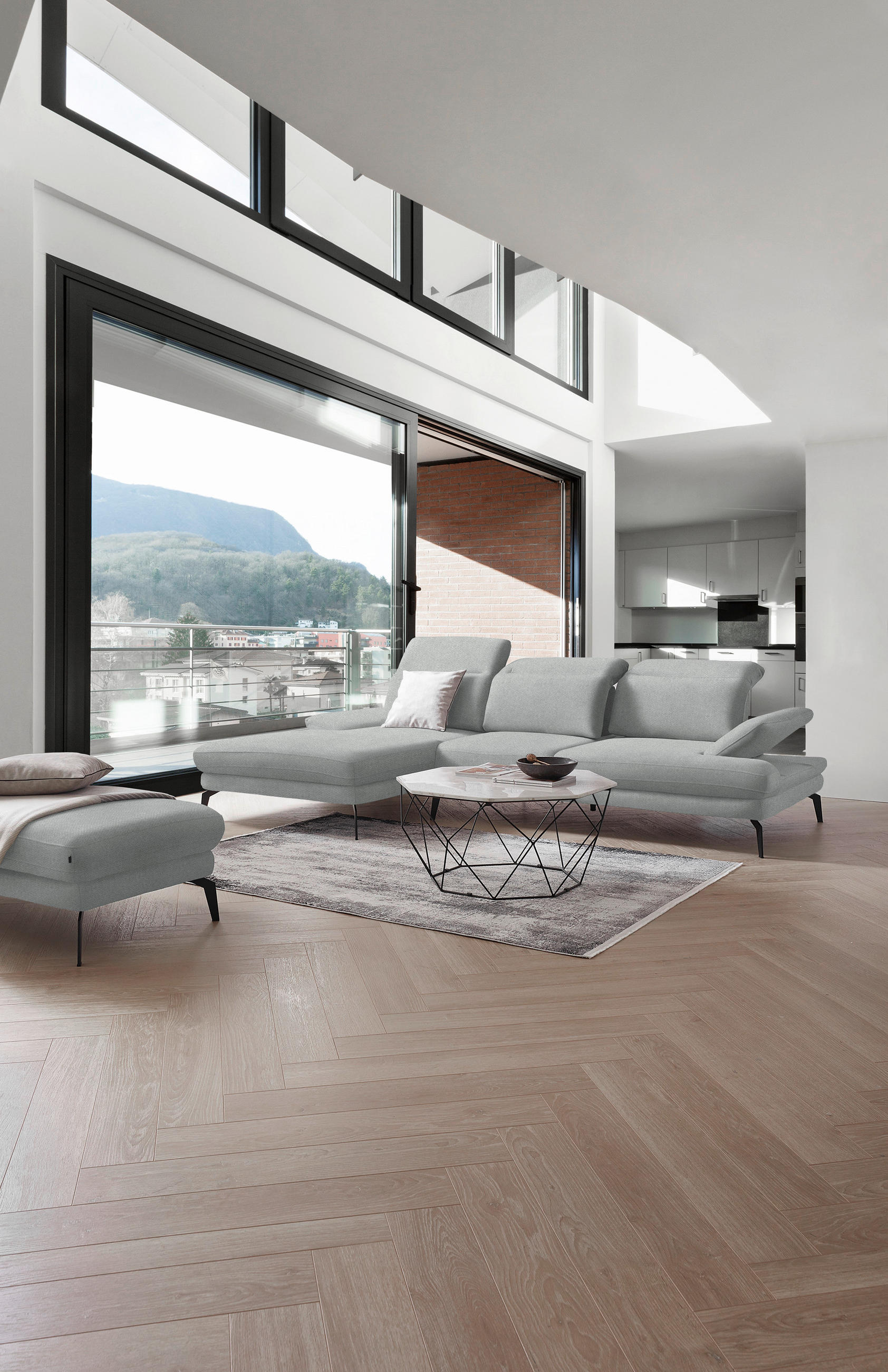 ECKSOFA in Chenille Hellgrau  - Hellgrau/Schwarz, Design, Textil/Metall (180/289cm) - Stylife