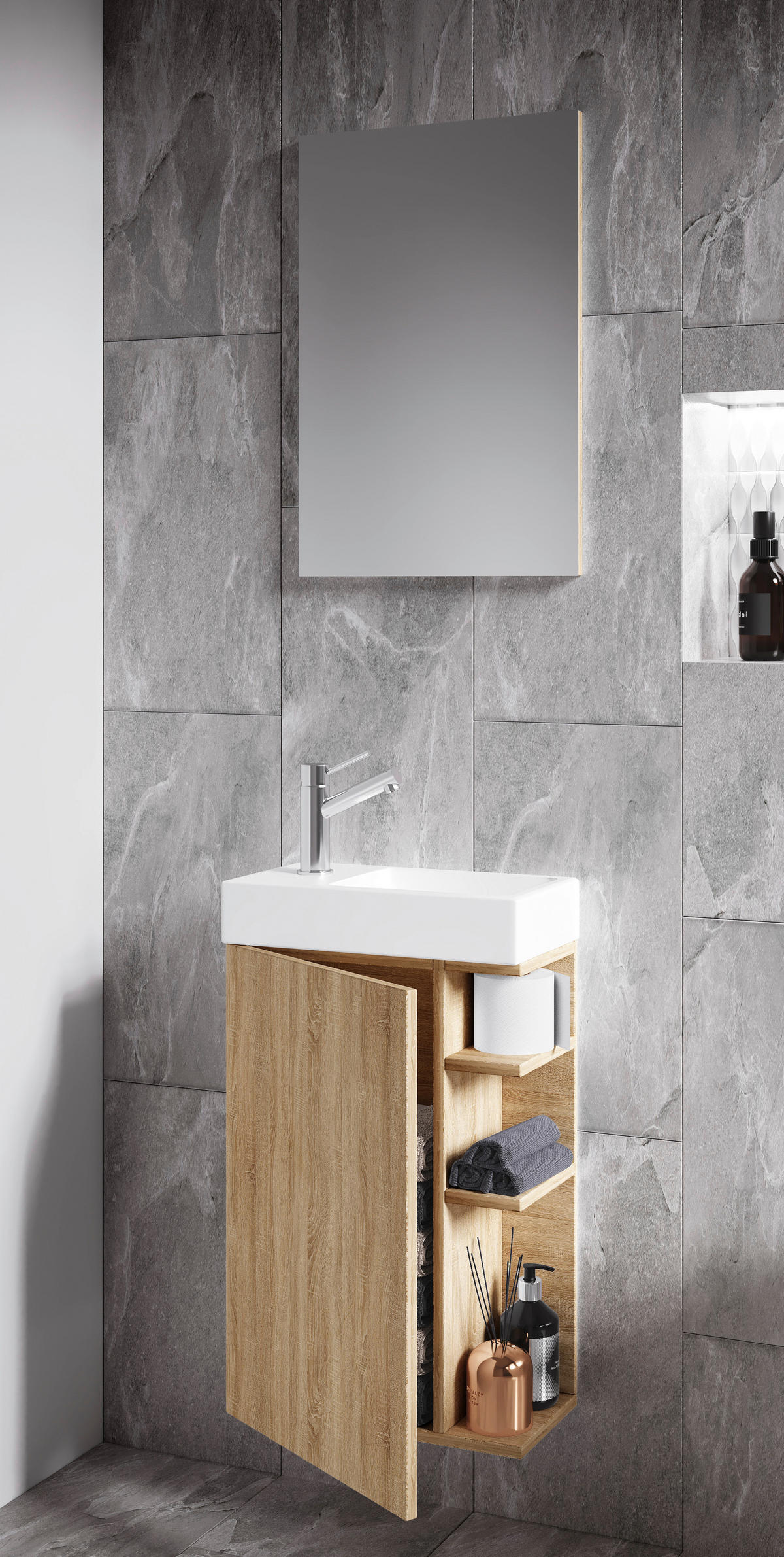 GÄSTBADRUM 40 cm  - vit/Sonoma ek, Modern, trämaterial/glas (40cm) - MID.YOU