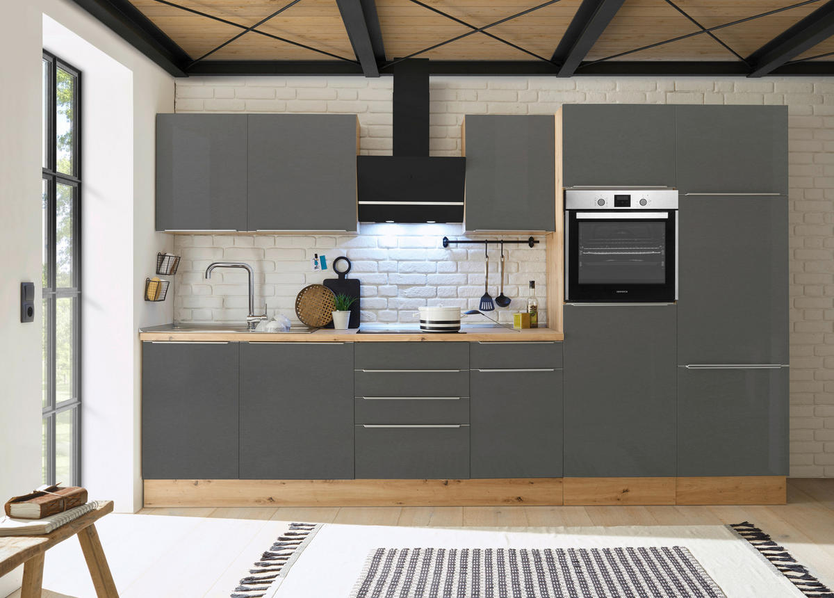 MODULKÖK 340 cm   i antracit, grå, ek Artisan  - aluminiumfärg/ek Artisan, Lifestyle, trämaterial/plast (340cm) - Respekta