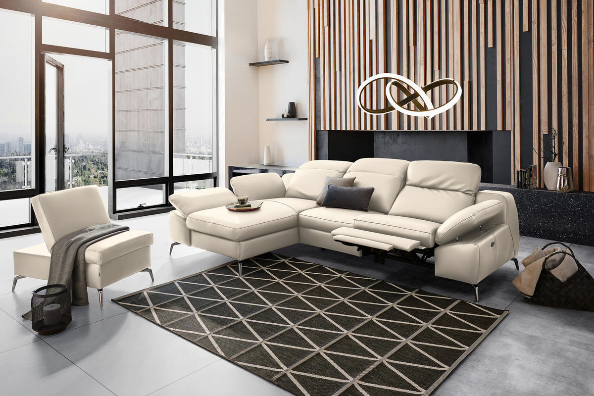 ECKSOFA in Echtleder Beige  183/286 cm  - Beige/Schwarz, Design, Leder/Metall (183/286cm) - Celina Home