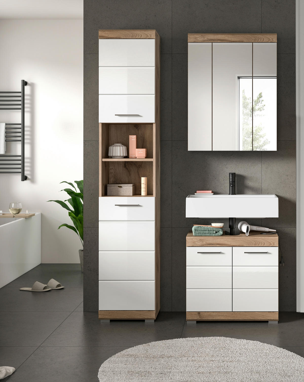 KOUPELNA barvy dubu, vysoce lesklá bílá  - barvy dubu/barvy stříbra, Moderní, kompozitní dřevo/plast (97cm) - MID.YOU