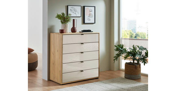 KOMMODE 60/86/43 cm in Champagner, Eiche Bianco - Schieferfarben/Eiche Bianco, Design, Glas/Holzwerkstoff (60/86/43cm) - Novel