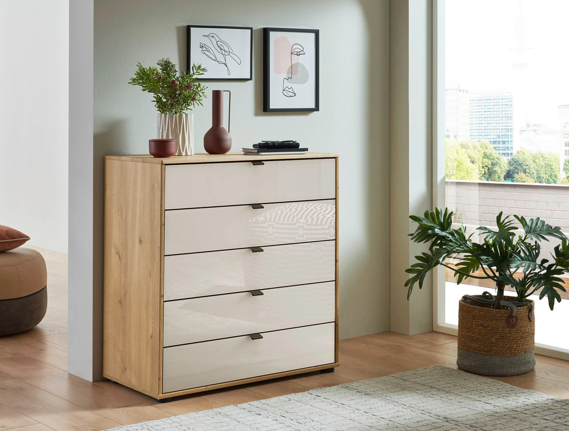 KOMMODE  in 60/86/43 cm  - Schieferfarben/Eiche Bianco, Design, Glas/Holzwerkstoff (60/86/43cm) - Novel