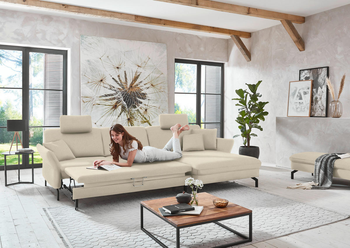 ECKSOFA in Velours Creme  - Creme/Schwarz, Design, Textil/Metall (306/179cm) - Beldomo System