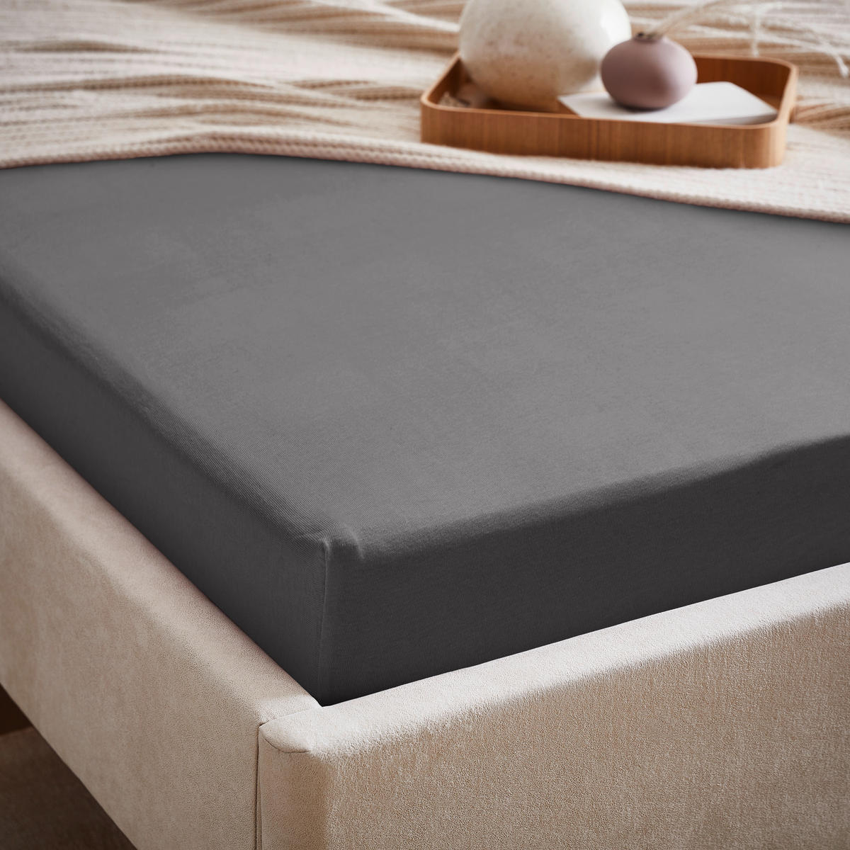 CEARȘAF CU ELASTIC 100/200 cm  - antracit, Basics, textil (100/200cm) - Boxxx