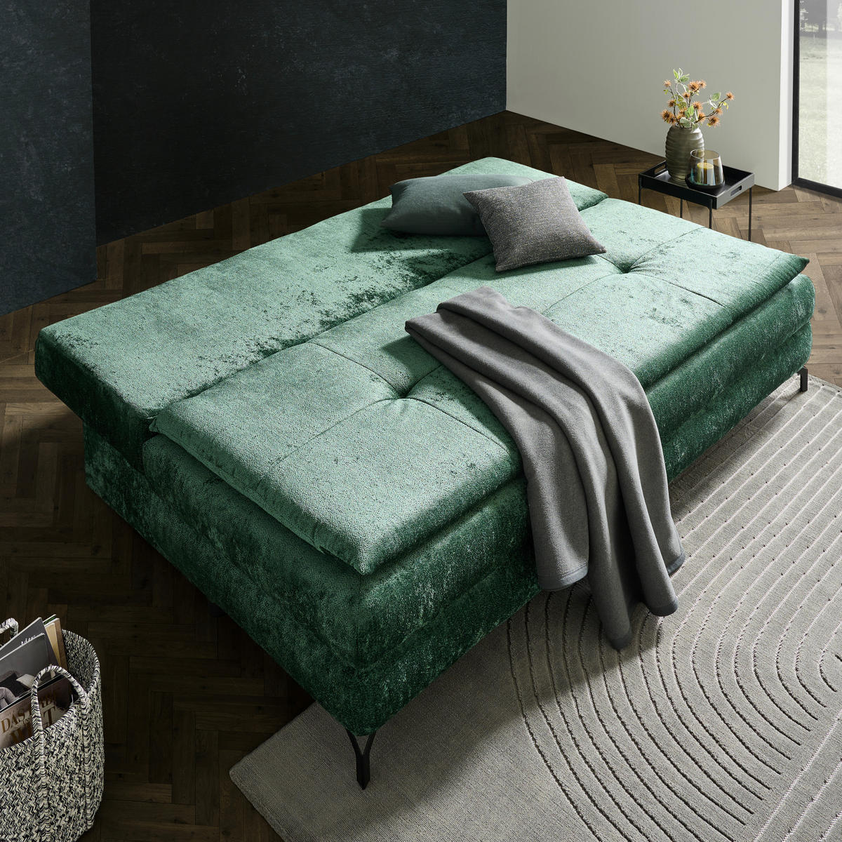 SCHLAFSOFA in Chenille, Plüsch Grün  - Schwarz/Grün, Design, Textil/Metall (208/73/92/102cm) - Novel