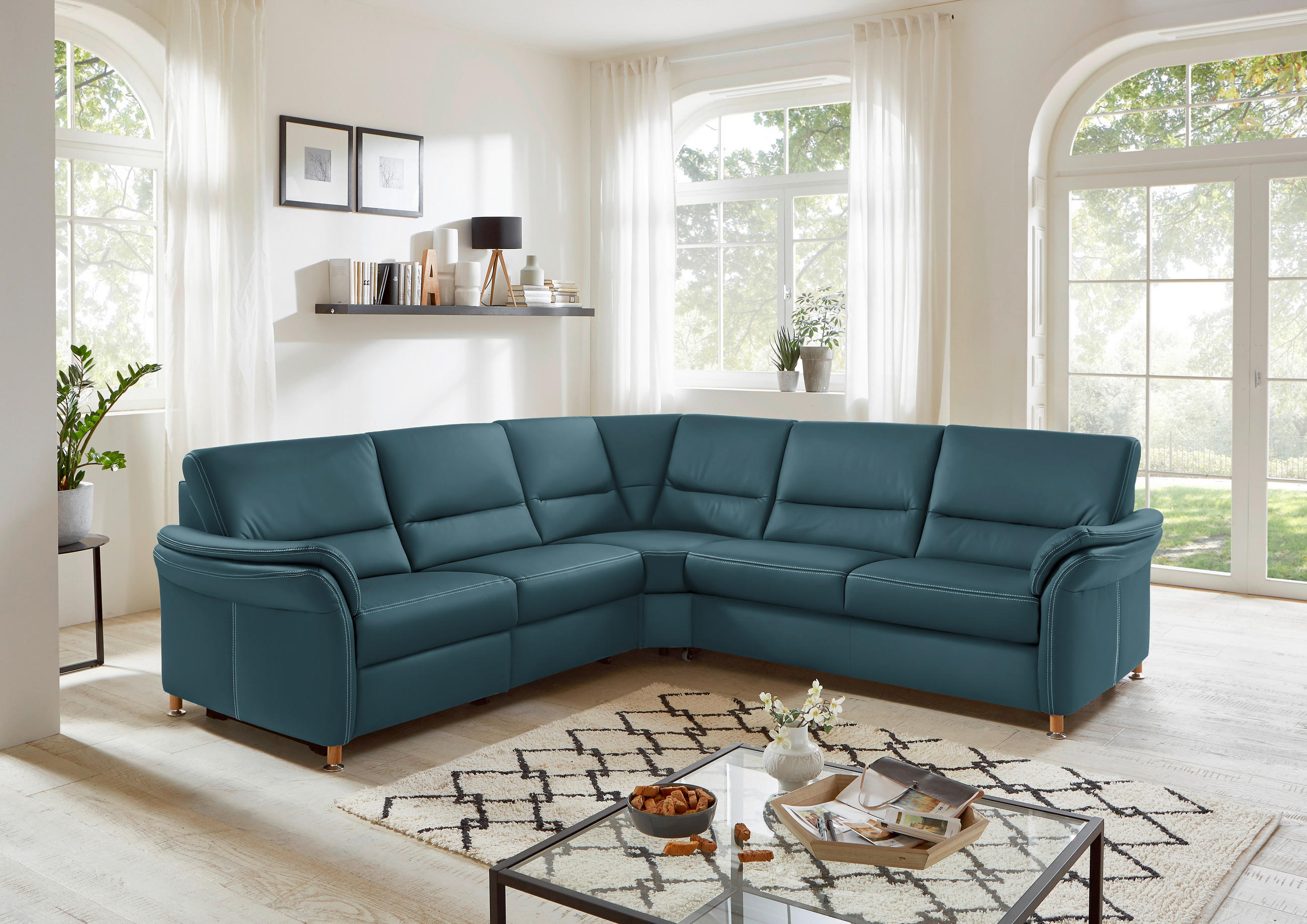 ECKSOFA in Echtleder Blau  262/262 cm  - Blau/Eichefarben, KONVENTIONELL, Leder/Holz (262/262cm) - Beldomo Premium