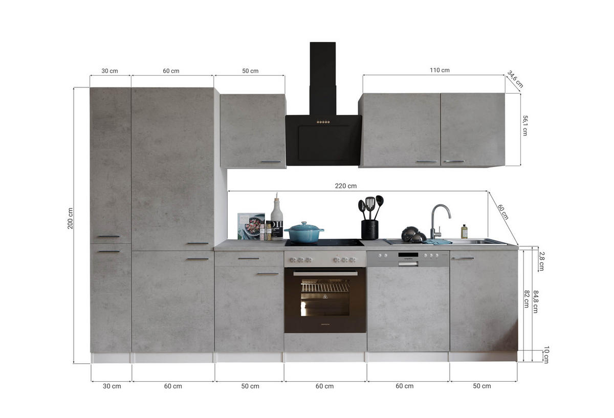 KÜCHENBLOCK 310 cm   in Grau, Weiß  - Edelstahlfarben/Weiß, Basics, Holzwerkstoff/Metall (310cm) - Respekta