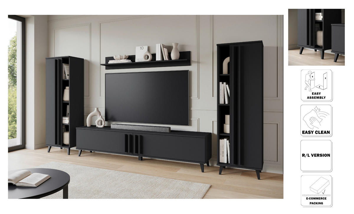 WOHNWAND 4-teilig  in Schwarz 270/140/33 cm  - Schwarz, Trend, Holzwerkstoff/Kunststoff (270/140/33cm)