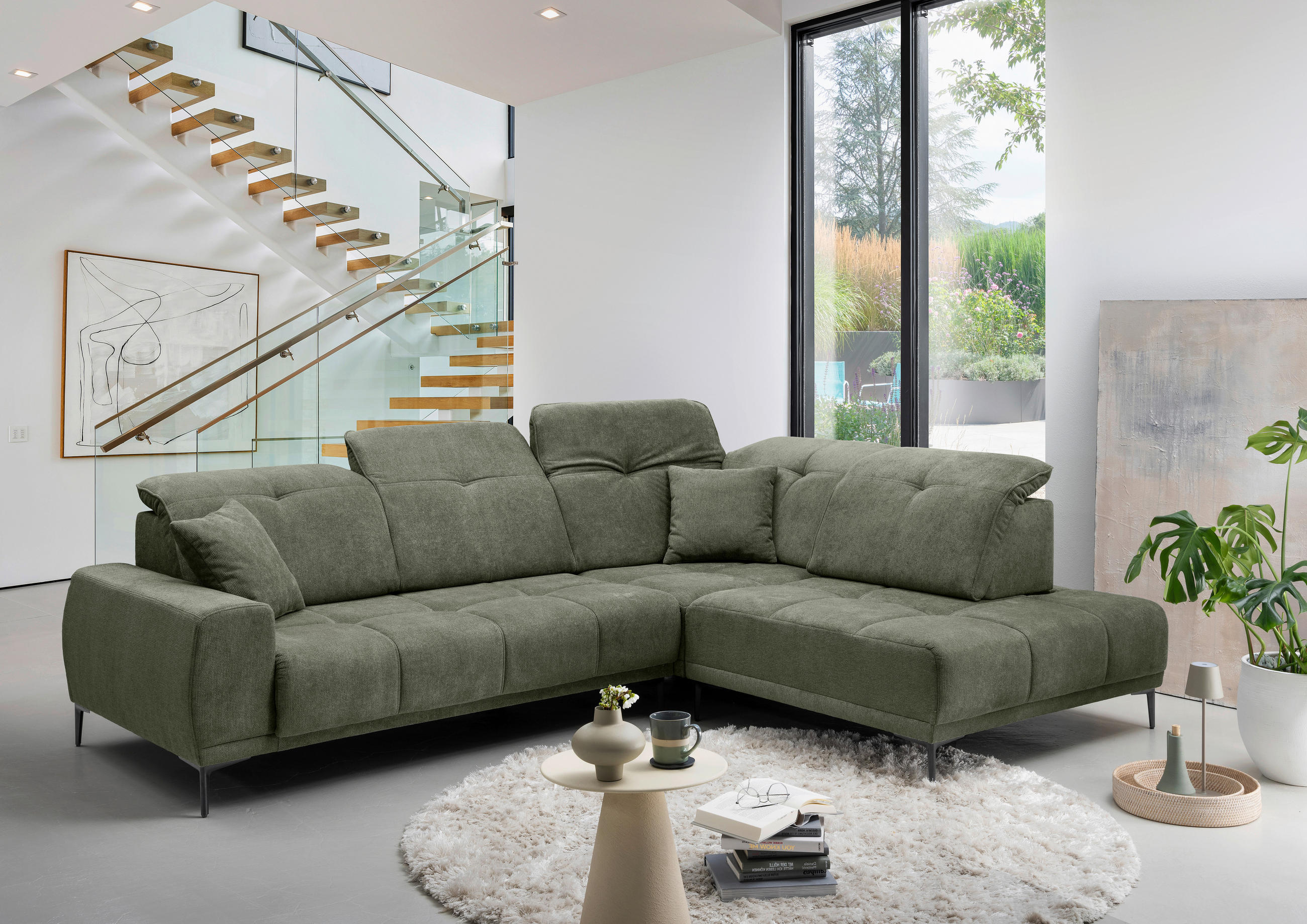 ECKSOFA NESTO Dunkelgrün Chenille Zierkissen, Kopfteilverstellung, Sitzvorzug  - Dunkelgrün/Schwarz, Basics, Textil/Metall (305/232cm) - Livetastic