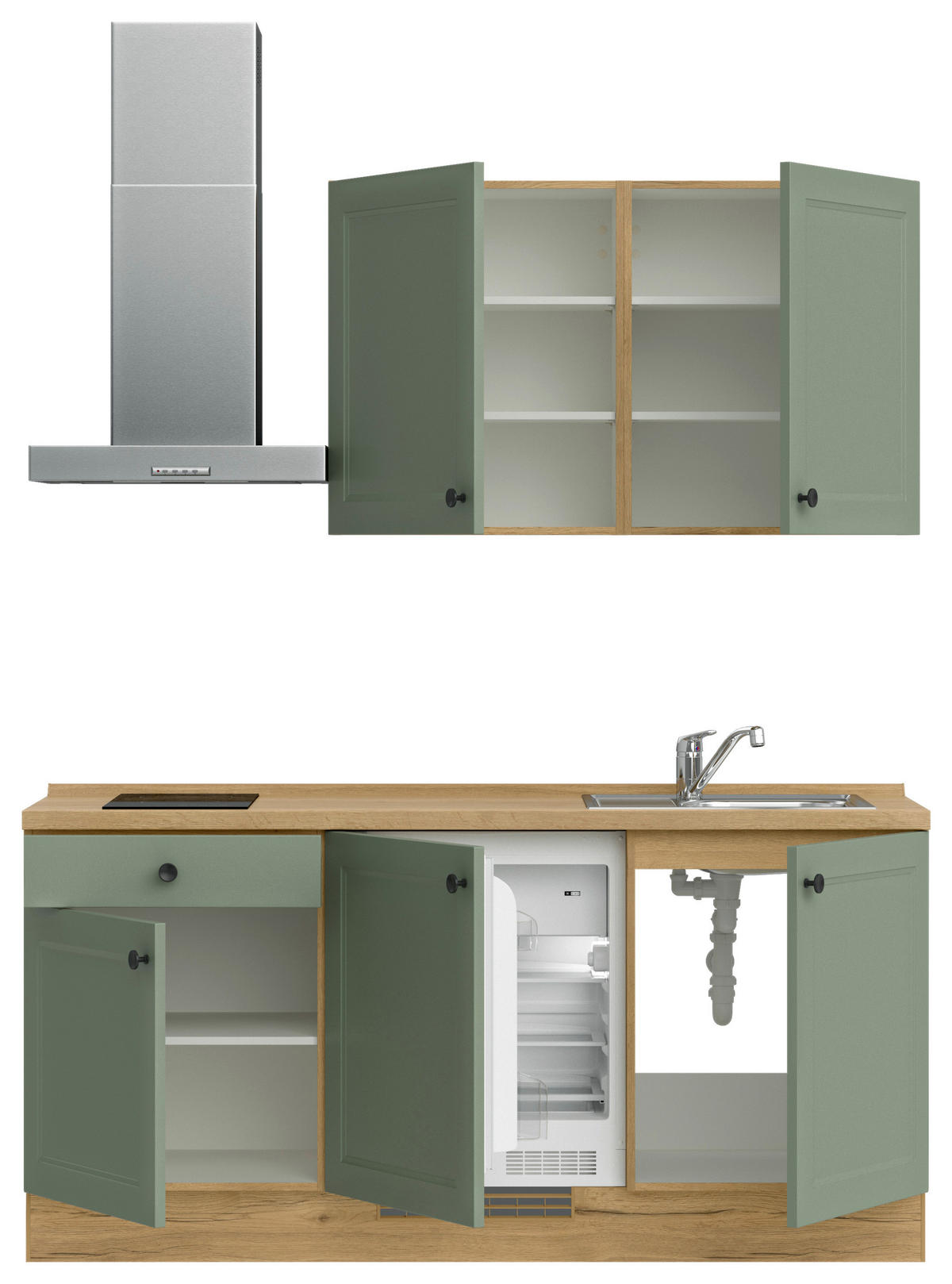 KÜCHENBLOCK Cascada 180 cm  in Grün, Eichefarben  - Eichefarben/Schwarz, MODERN, Holzwerkstoff/Metall (180cm) - Nobilia