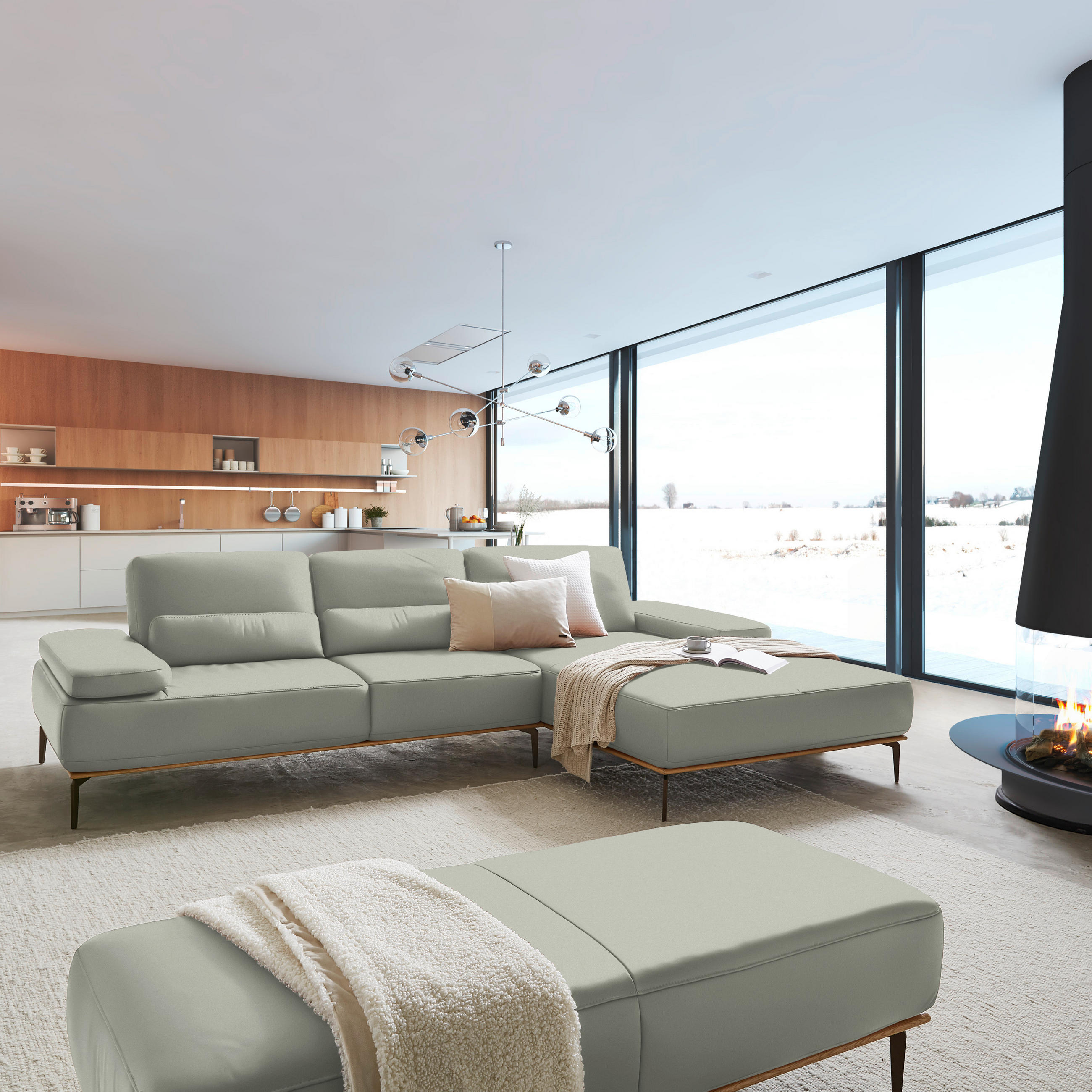 ECKSOFA in Echtleder Hellgrau  - Hellgrau/Bronzefarben, Design, Leder/Holz (314/176cm) - Valnatura