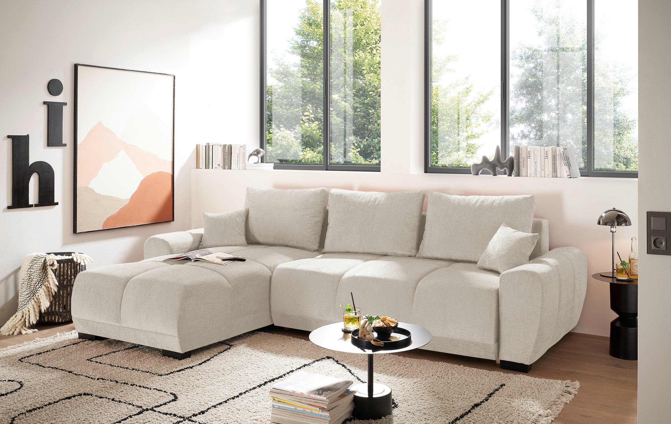 HÖRNBÄDDSOFFA 3-sits i chenille elfenbensfärgad  - svart/elfenbensfärgad, Basics, textil/plast (294/183cm) - Livetastic