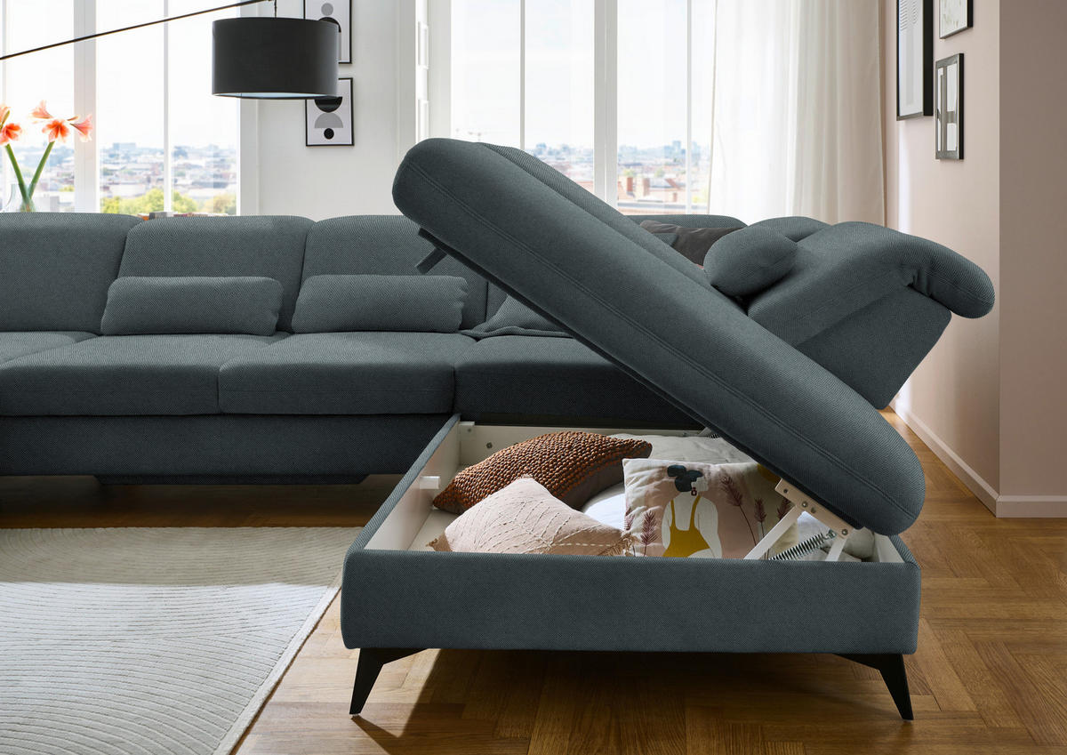 WOHNLANDSCHAFT  in Chenille Blau  - Blau/Schwarz, Design, Textil/Metall (198/369/255cm) - Beldomo Style