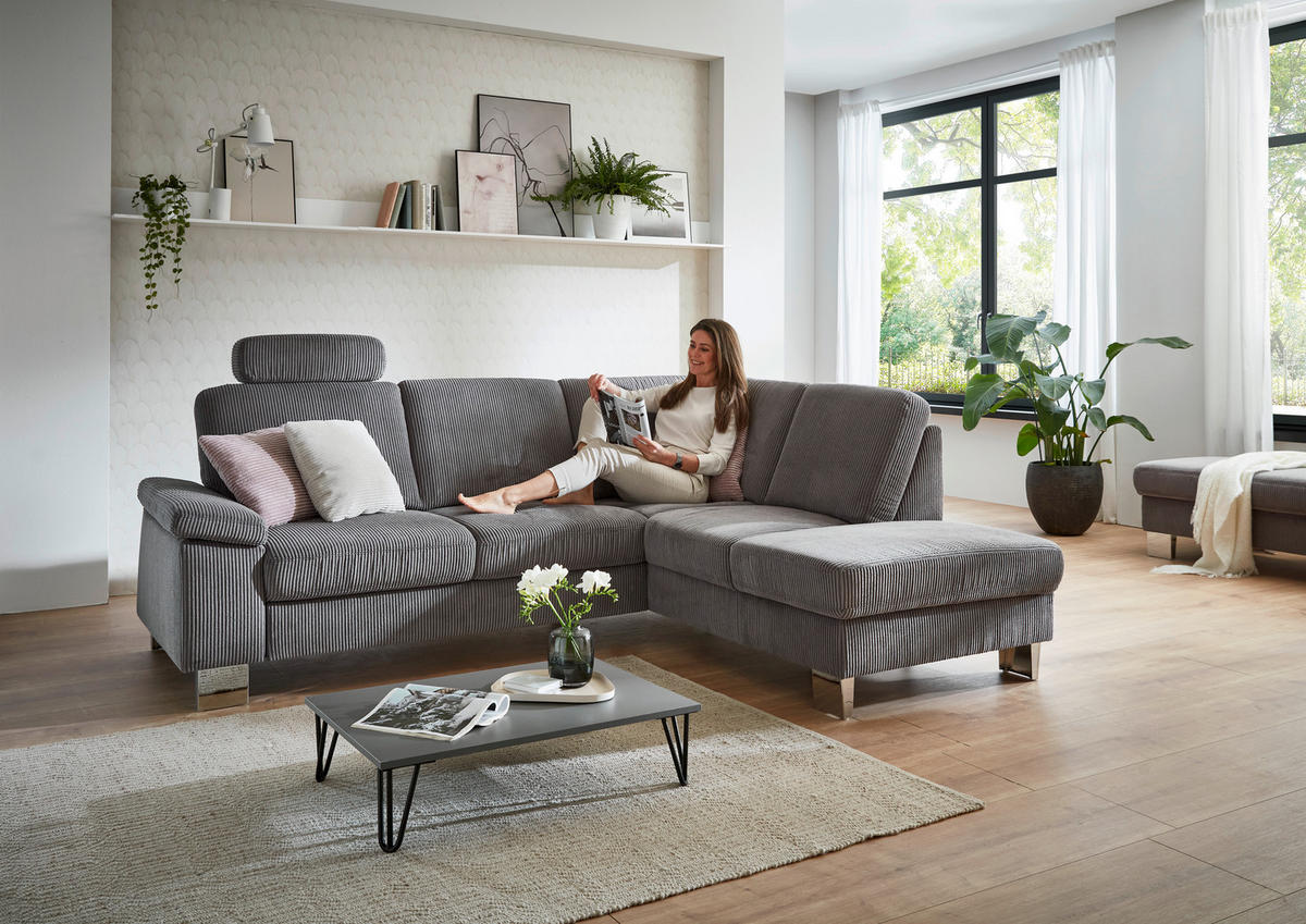 ECKSOFA in Cord Anthrazit  - Edelstahlfarben/Anthrazit, Konventionell, Textil/Metall (248/200cm) - Beldomo System