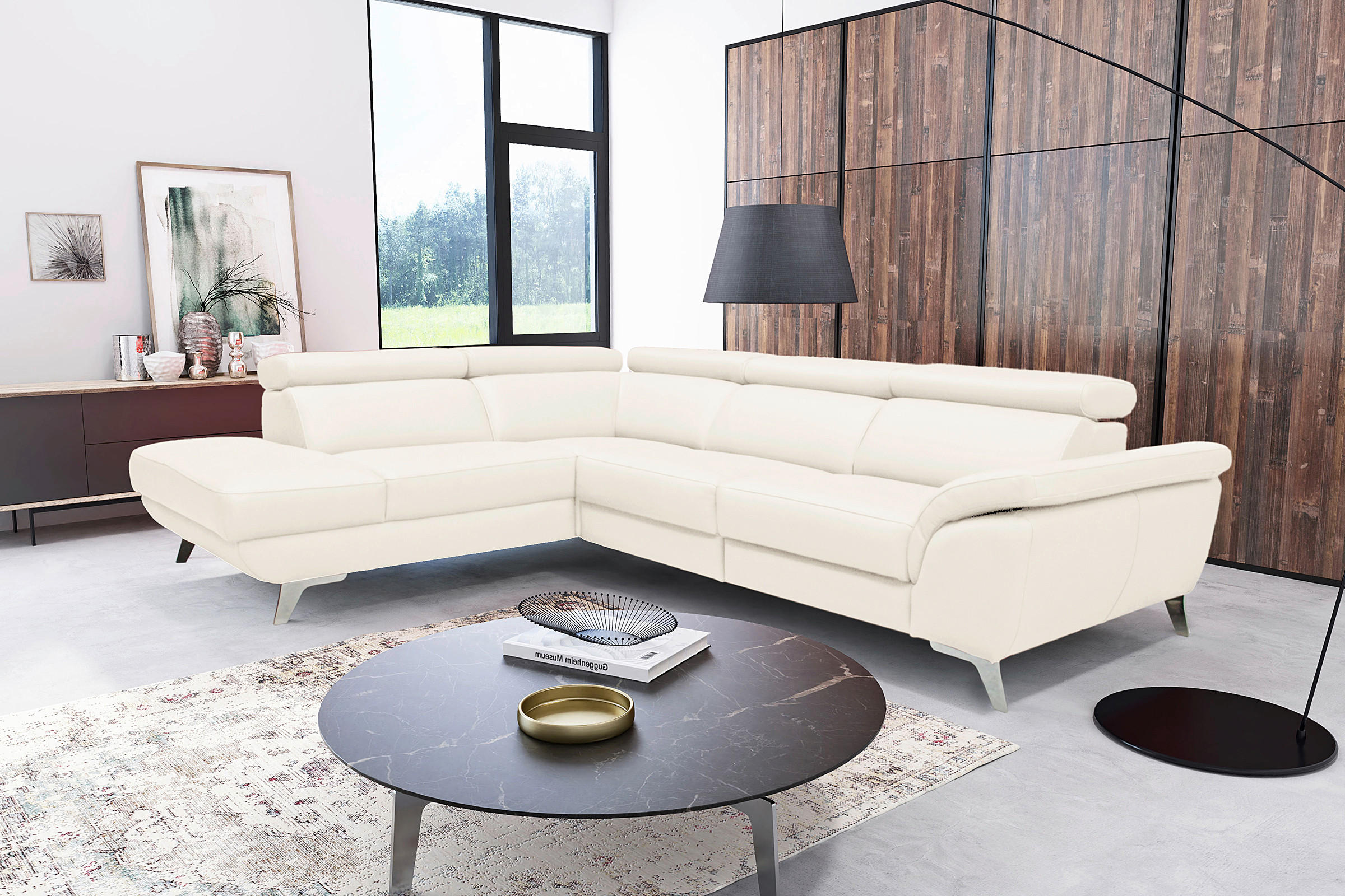 ECKSOFA Creme Echtleder Rücken echt, Armteilverstellung, Kopfteilverstellung  - Silberfarben/Creme, Design, Leder/Metall (228/283cm) - Livetastic