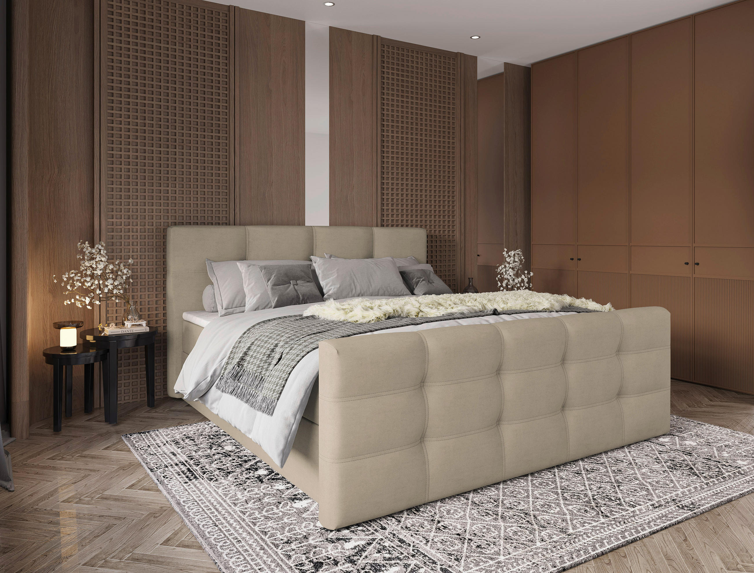 BOXBETT 180/200 cm,  in Beige, gepolstertes Kopfteil, Bettkasten, Topper, Matratzen, Wendematratze mit unterschiedlichen Härtegraden, H2 + H3 = mittel + fest  - Beige/Schwarz, Basics, Kunststoff/Textil (180/200cm) - Chameo