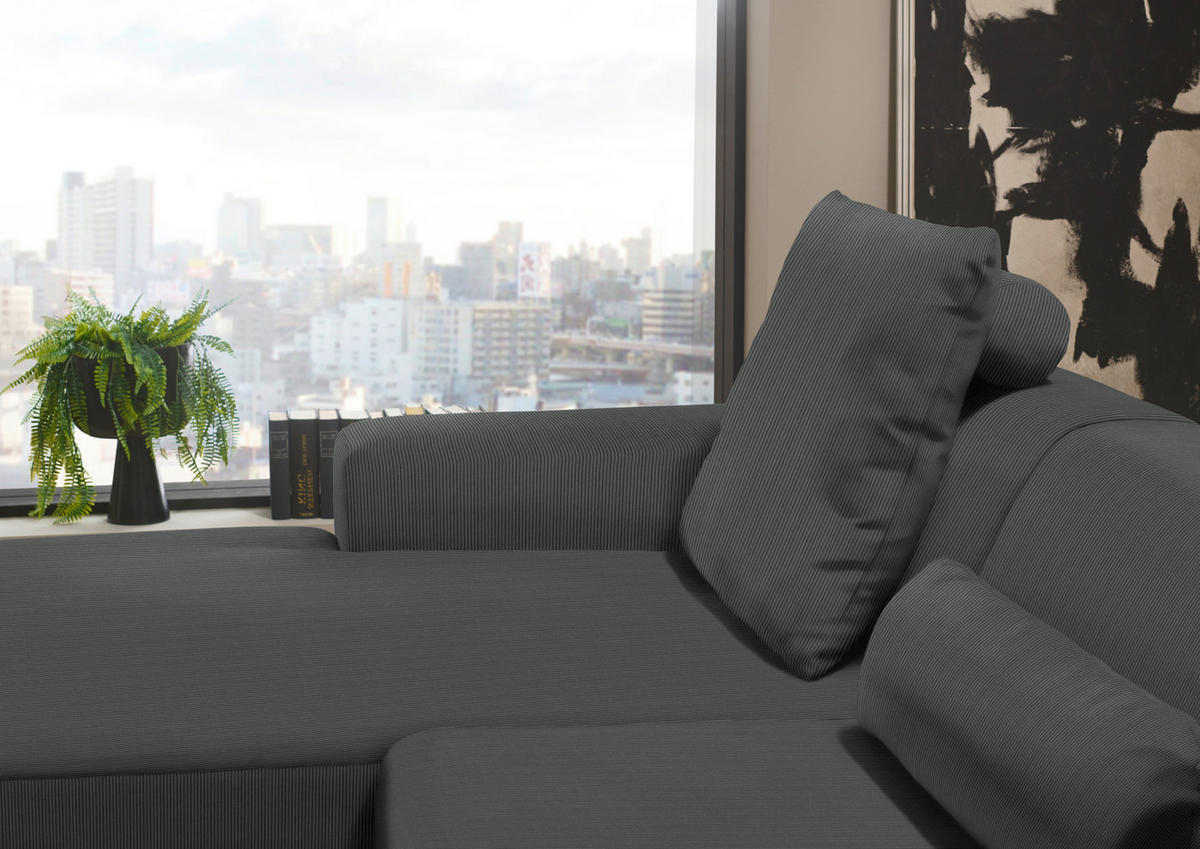 ECKSOFA in Feincord Anthrazit  - Anthrazit/Schwarz, Design, Kunststoff/Textil (174/302cm) - Beldomo Style