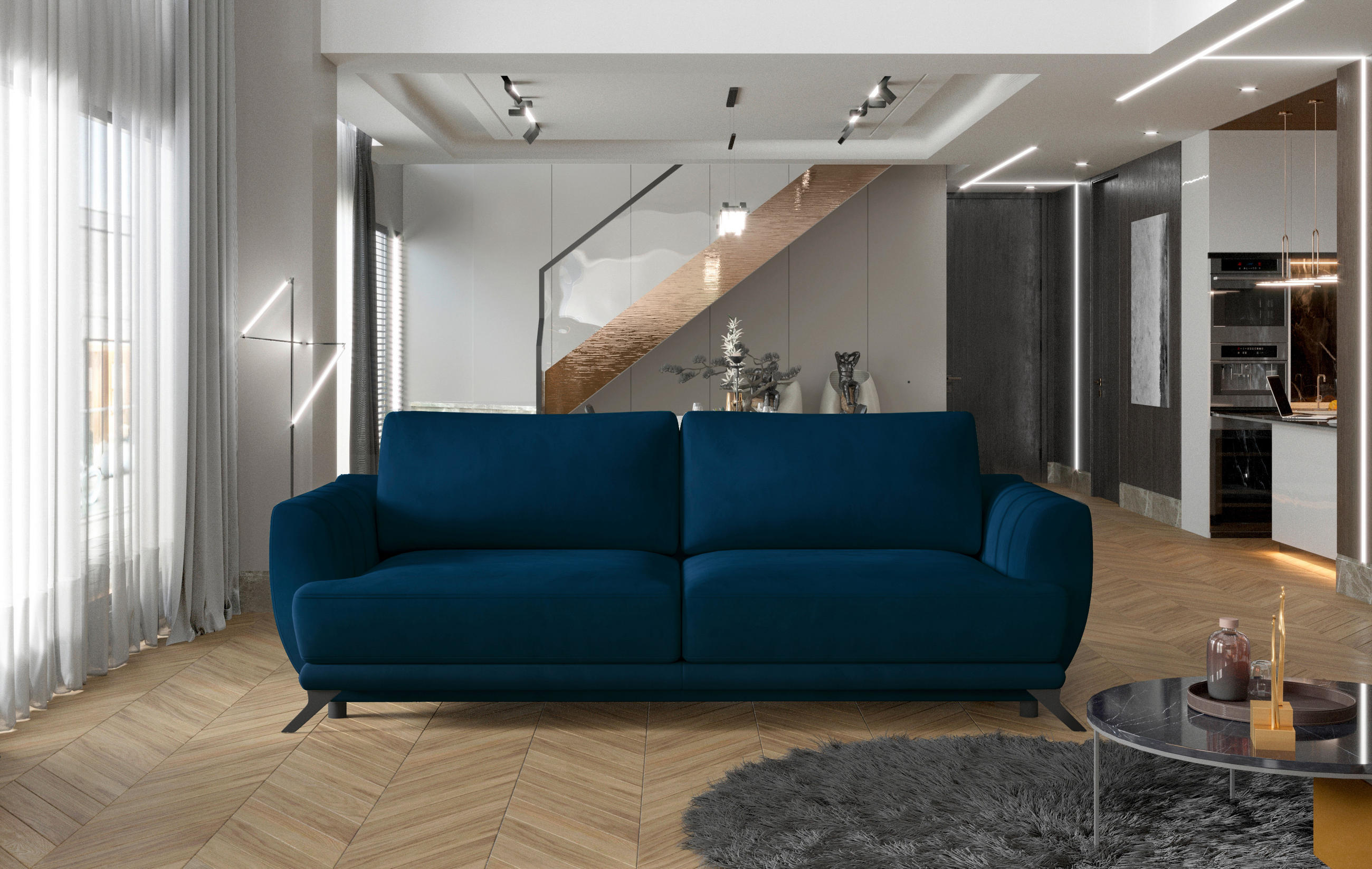 SCHLAFSOFA Samt Blau  - Blau/Schwarz, Design, Textil/Metall (242/90/95cm) - MID.YOU