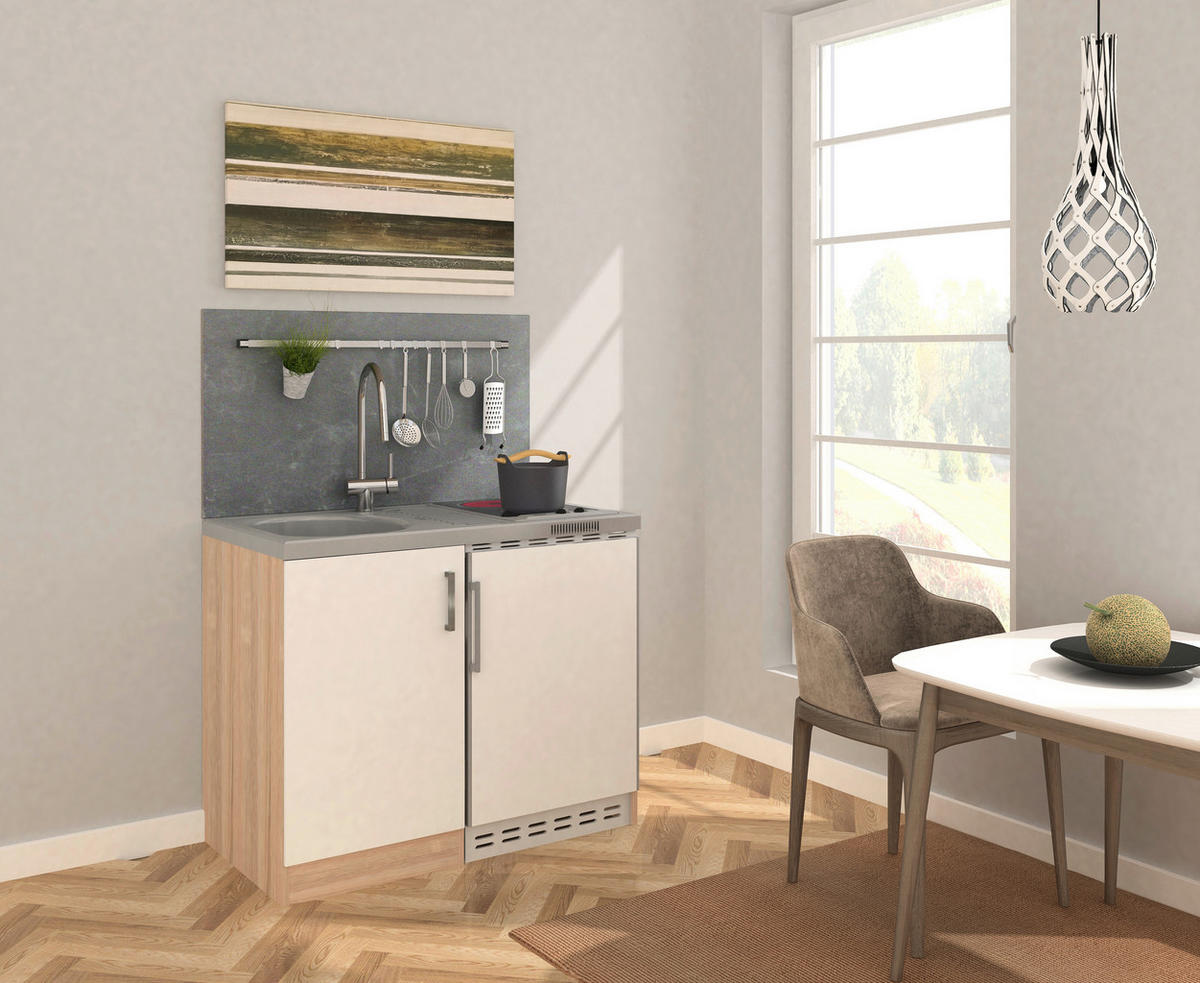 MINIKÜCHE 100 cm   Weiss, Sonoma Eiche  - Weiss/Edelstahlfarben, Modern, Holzwerkstoff/Kunststoff (100cm) - Respekta