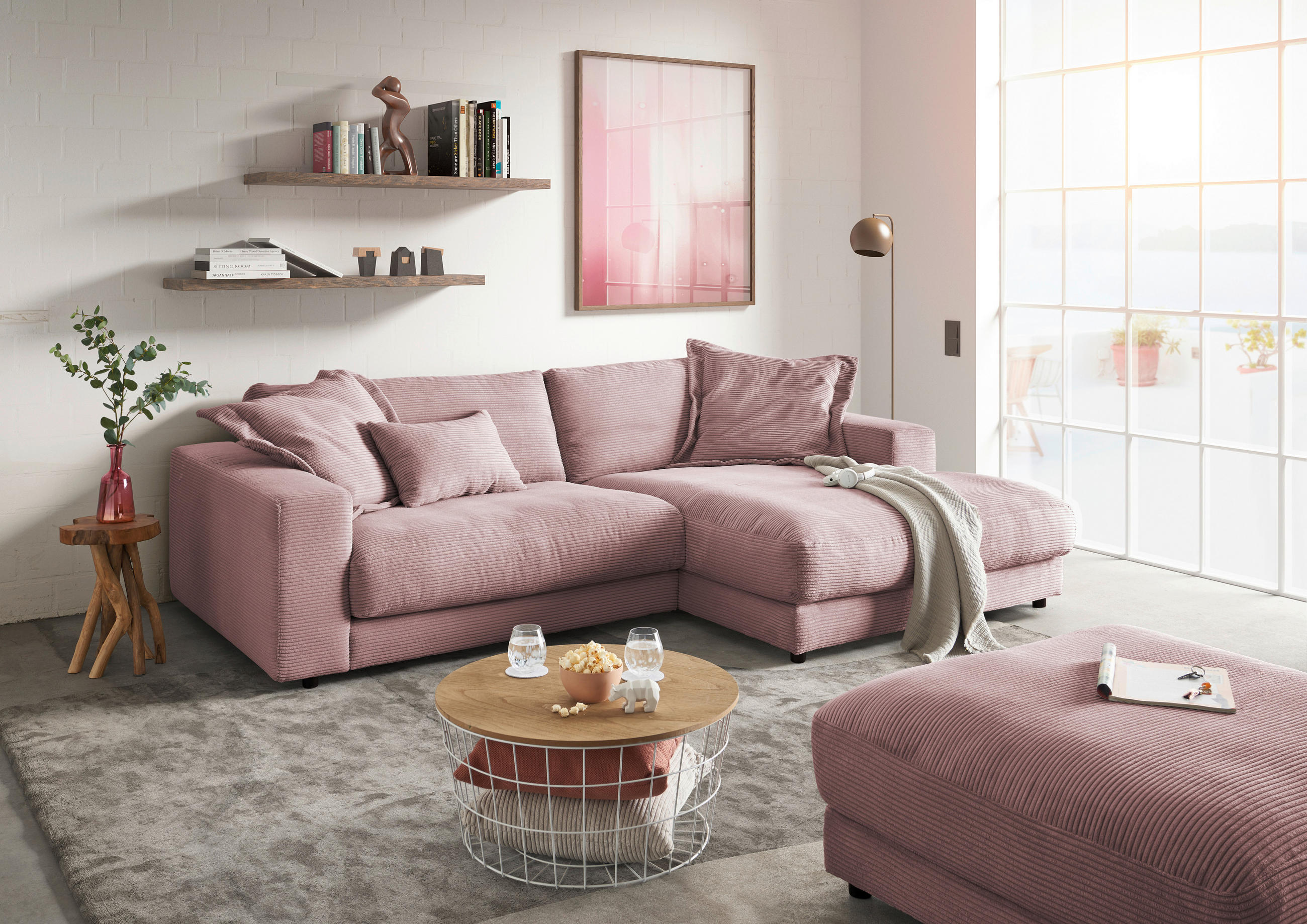 ECKSOFA in Cord Rosa  - Schwarz/Rosa, Design, Kunststoff/Textil (250/190cm) - Pure Home Lifestyle