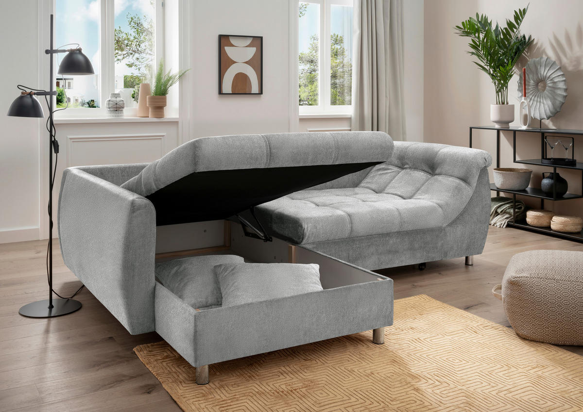 ECKSCHLAFSOFA  mit Liegefunktion, seitenverkehrt erhältlich Mikrofaser Silberfarben  - Chromfarben/Silberfarben, MODERN, Textil/Metall (190/250cm) - Livetastic