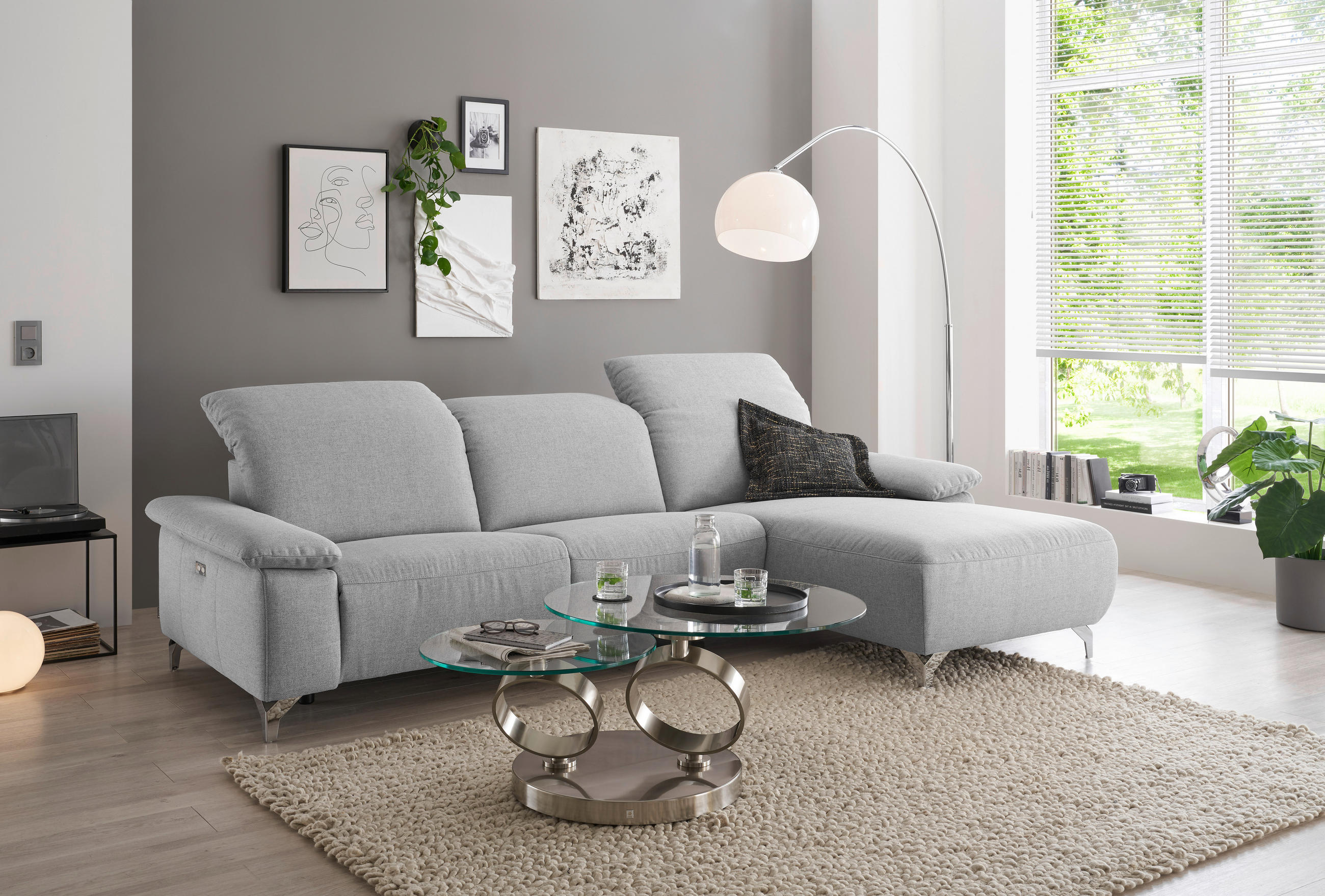 WOHNLANDSCHAFT Hellgrau Flachgewebe  - Chromfarben/Hellgrau, Design, Textil/Metall (280/180cm) - Musterring