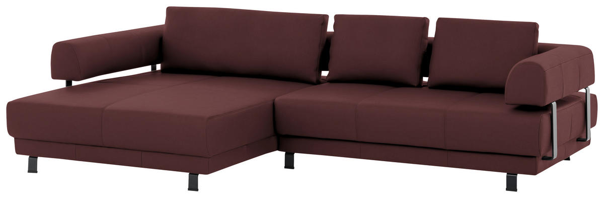 ECKSOFA in Echtleder Bordeaux  - Bordeaux/Schwarz, Design, Leder/Metall (188/307cm)