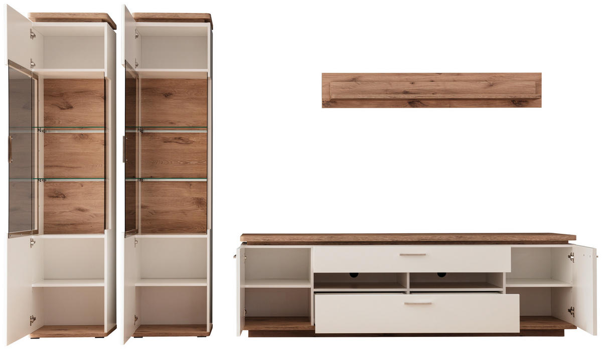 HYLLKOMBINATION 4 delar  i vit, ekfärgad  330/208/50 cm  - vit/nickelfärgad, Design, metall/trämaterial (330/208/50cm) - Livetastic